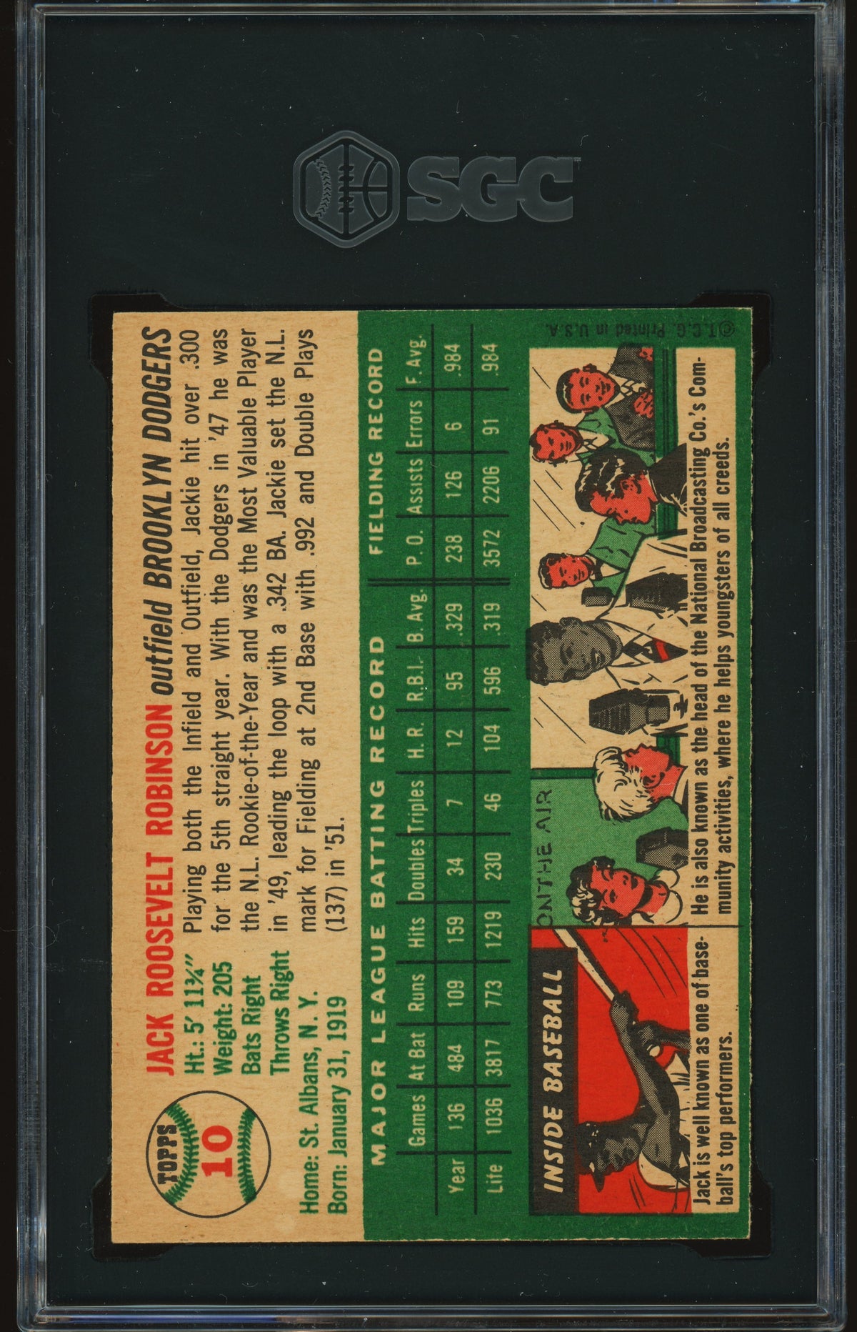 1954 Topps #10 Jackie Robinson SGC 7 NM Near Mint High Grade