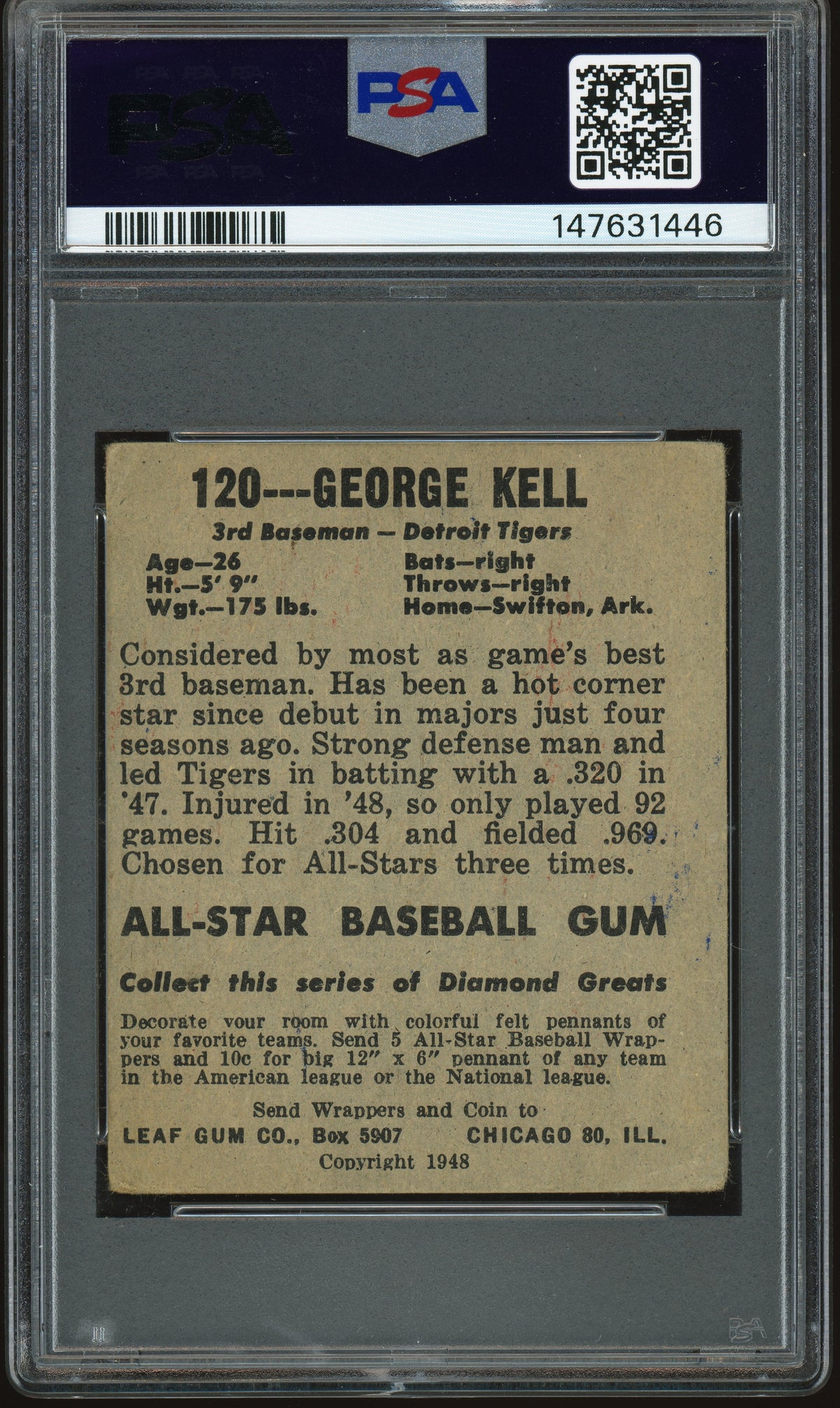 1948 Leaf #120 George Kell RC Rookie PSA 1.5 SP Short Print (crack in slab)