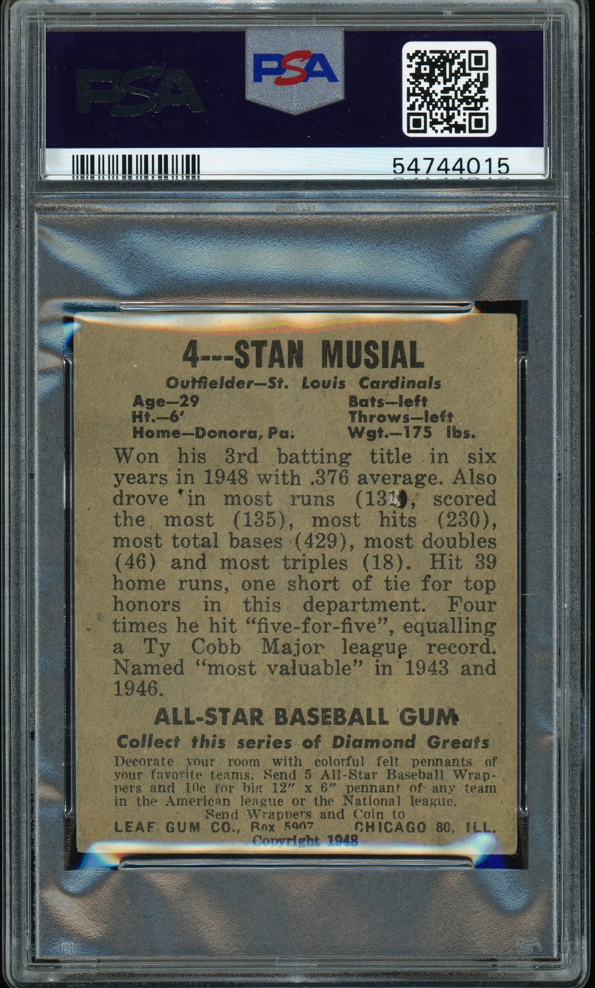 1948 Leaf #4 Stan Musial RC Rookie PSA 3.5 VG+ New Label