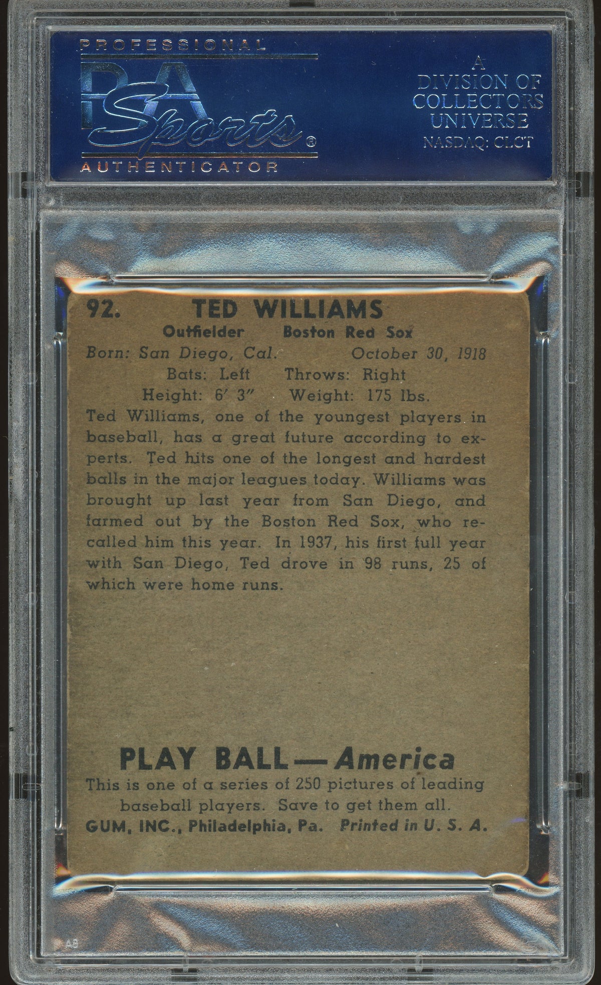 1939 Play Ball #92 Ted Williams RC Rookie PSA 2 GD