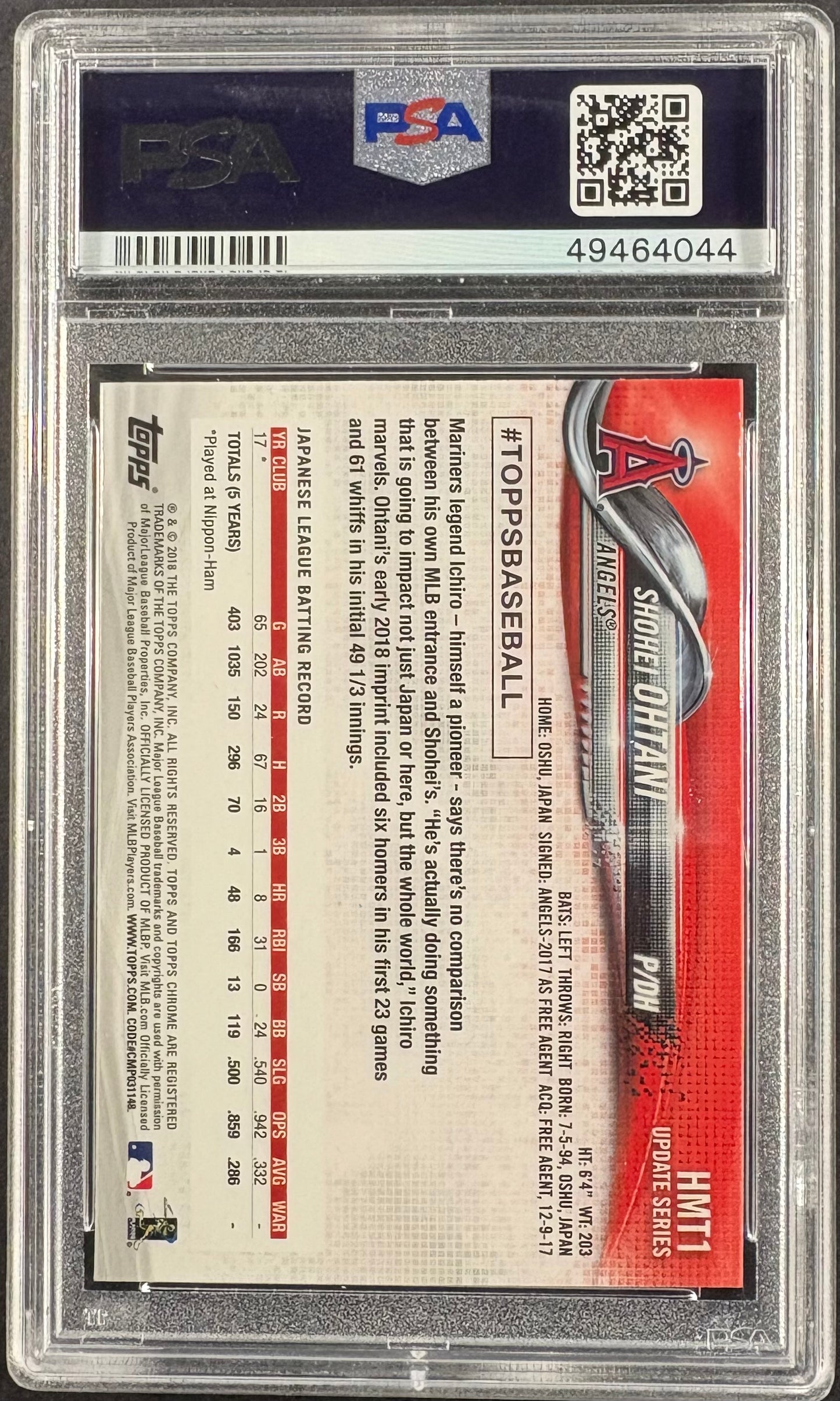 2018 Topps Chrome Update Shohei Ohtani RC Rookie Pitching #HMT1 PSA 10 GEM MINT