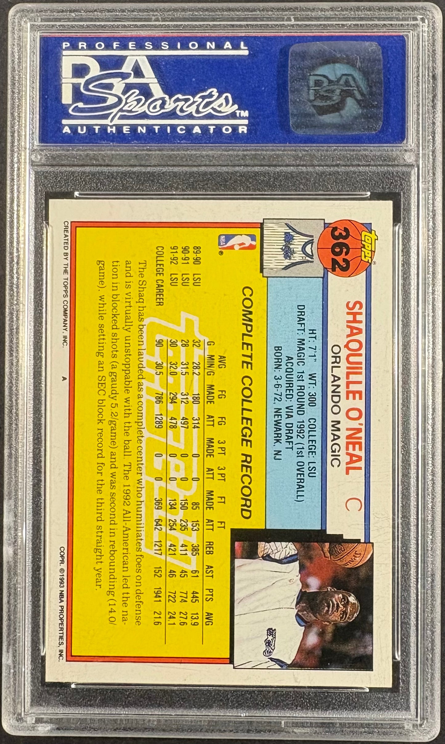 1992 Topps GOLD Shaquille O'Neal RC Rookie #362 PSA 10 GEM MINT