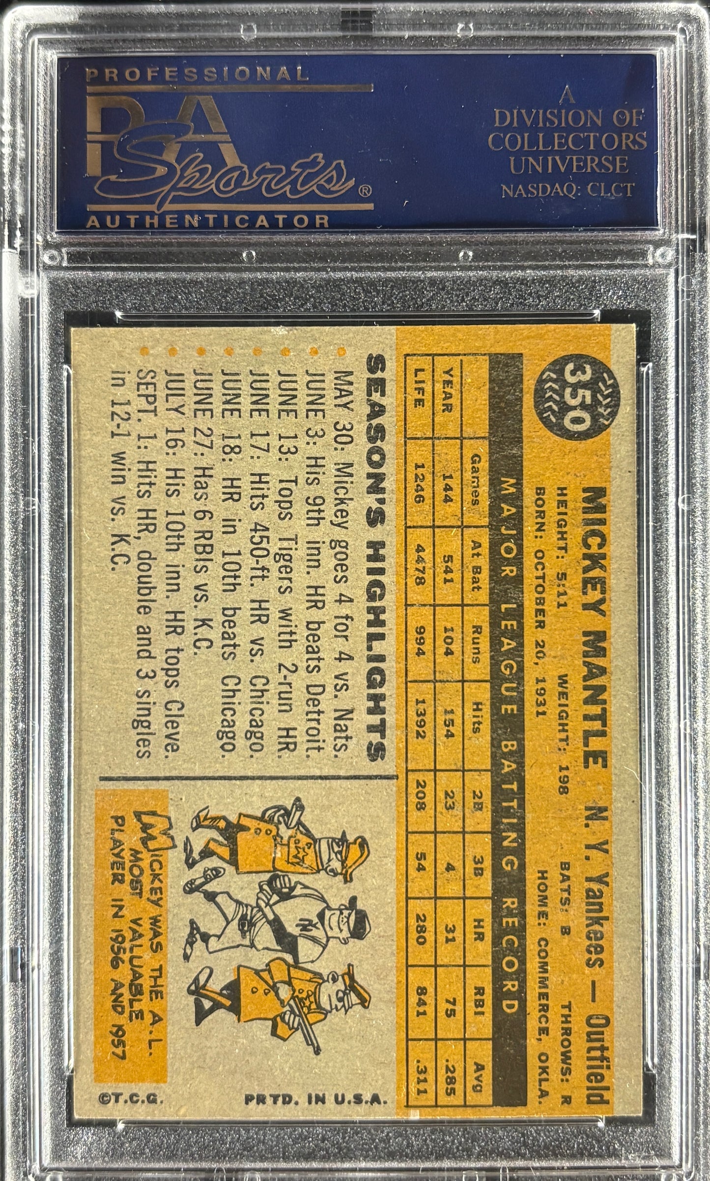 1960 Topps #350 Mickey Mantle PSA 5 EX Nice Color