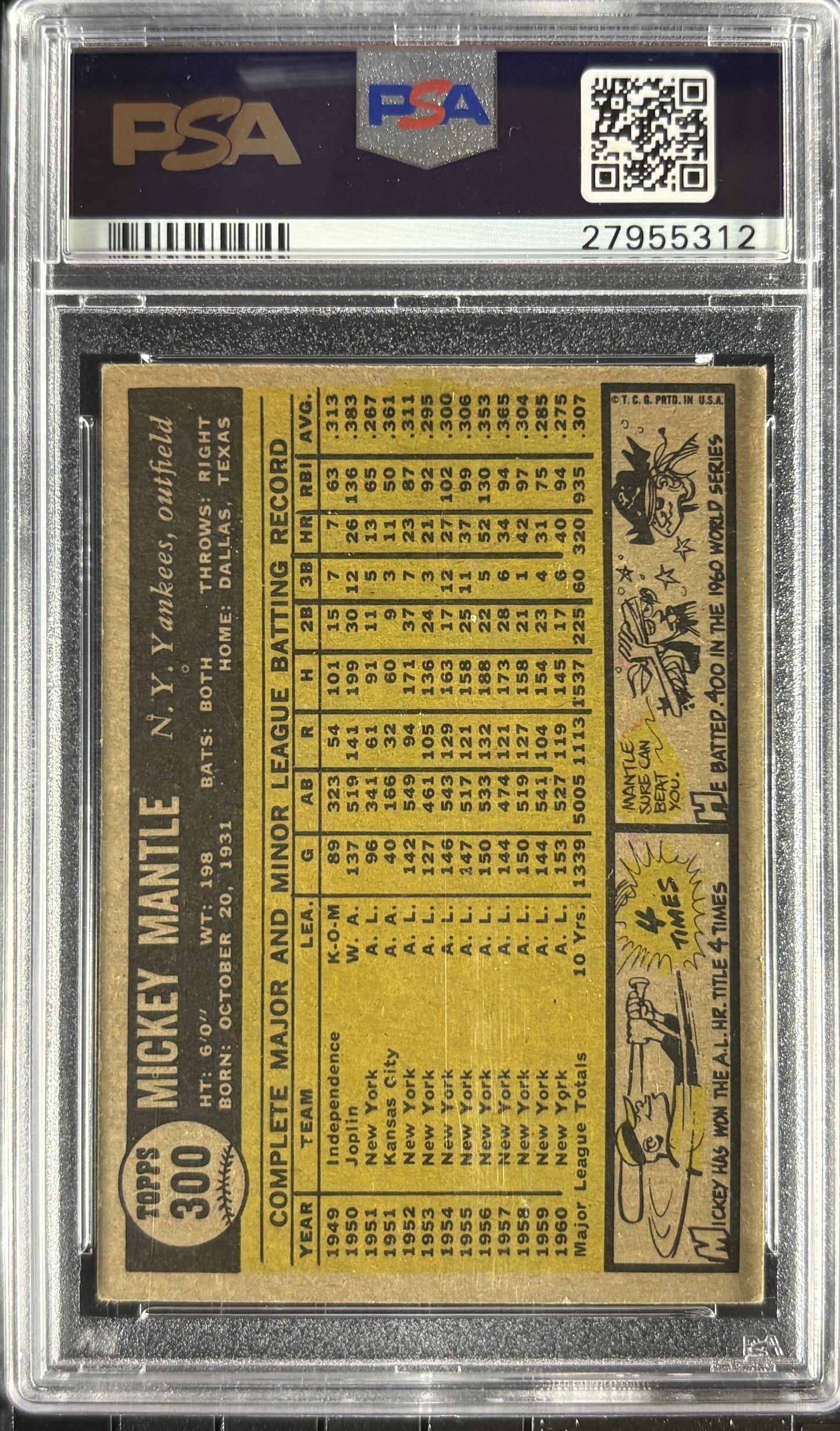 1961 Topps #300 Mickey Mantle PSA 5 EX New Label