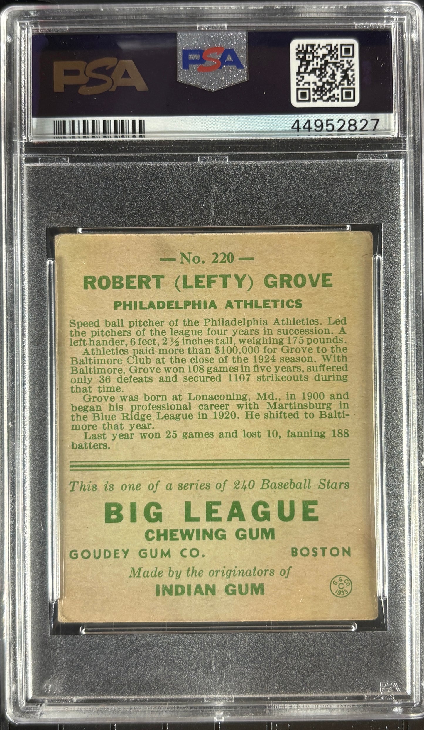 1933 Goudey #220 Lefty Grove PSA 4