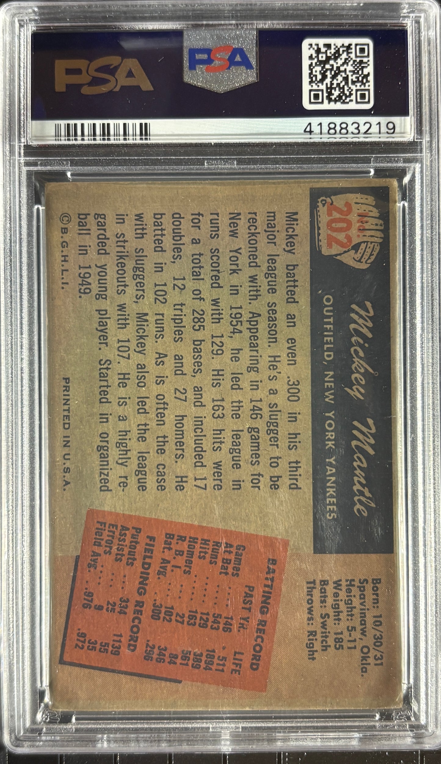 1955 Bowman #202 Mickey Mantle PSA 3.5 VG+ New Label