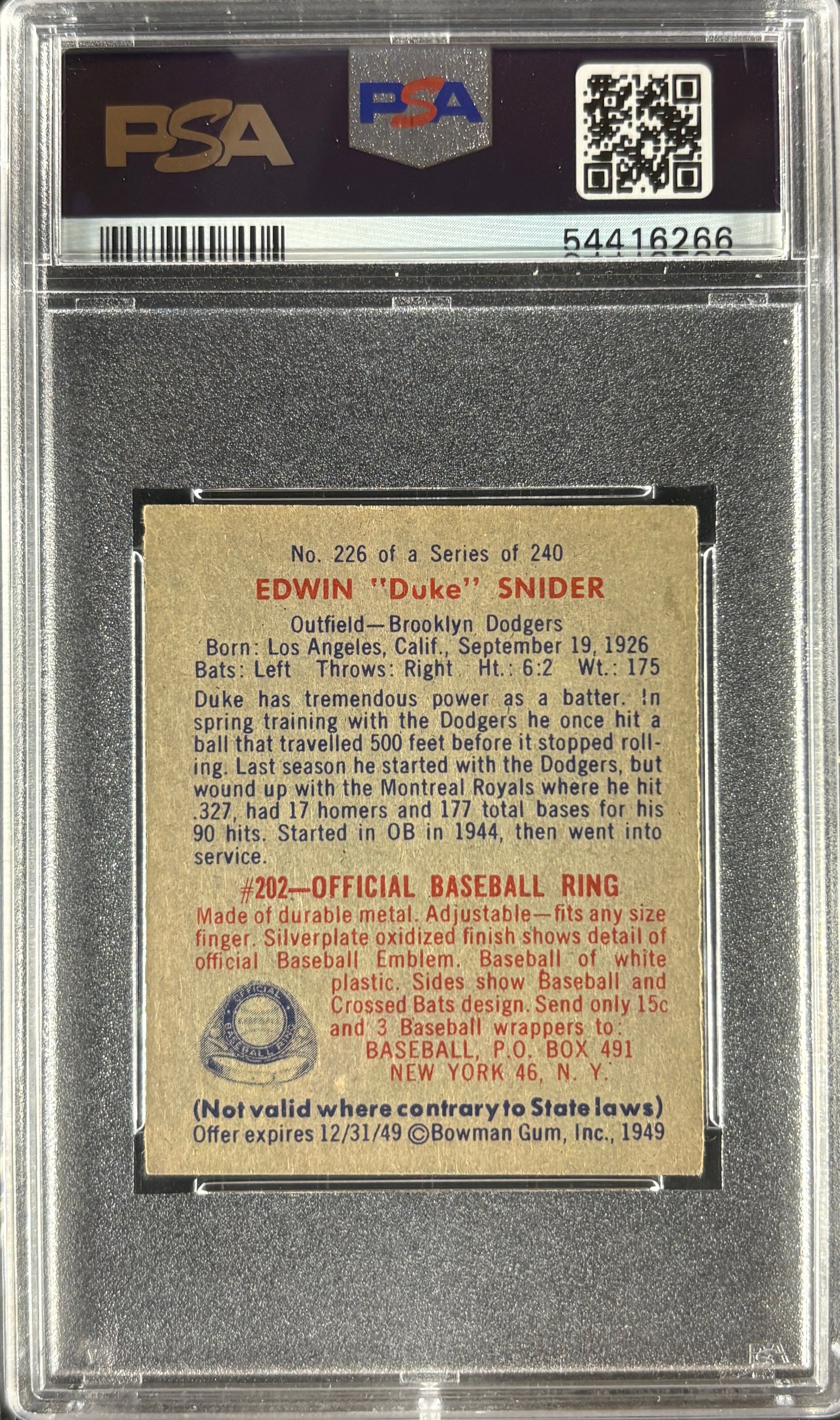 1949 Bowman #226 Edwin Duke Snider RC Rookie PSA 5 EX New Label