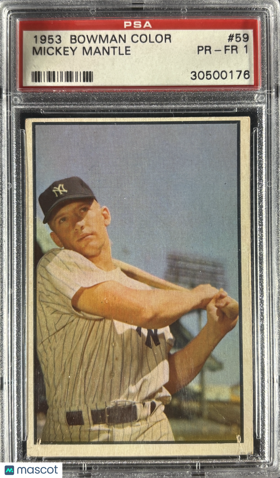 1953 Bowman Color #59 Mickey Mantle PSA 1 Fantastic Eye Appeal (pinhole)