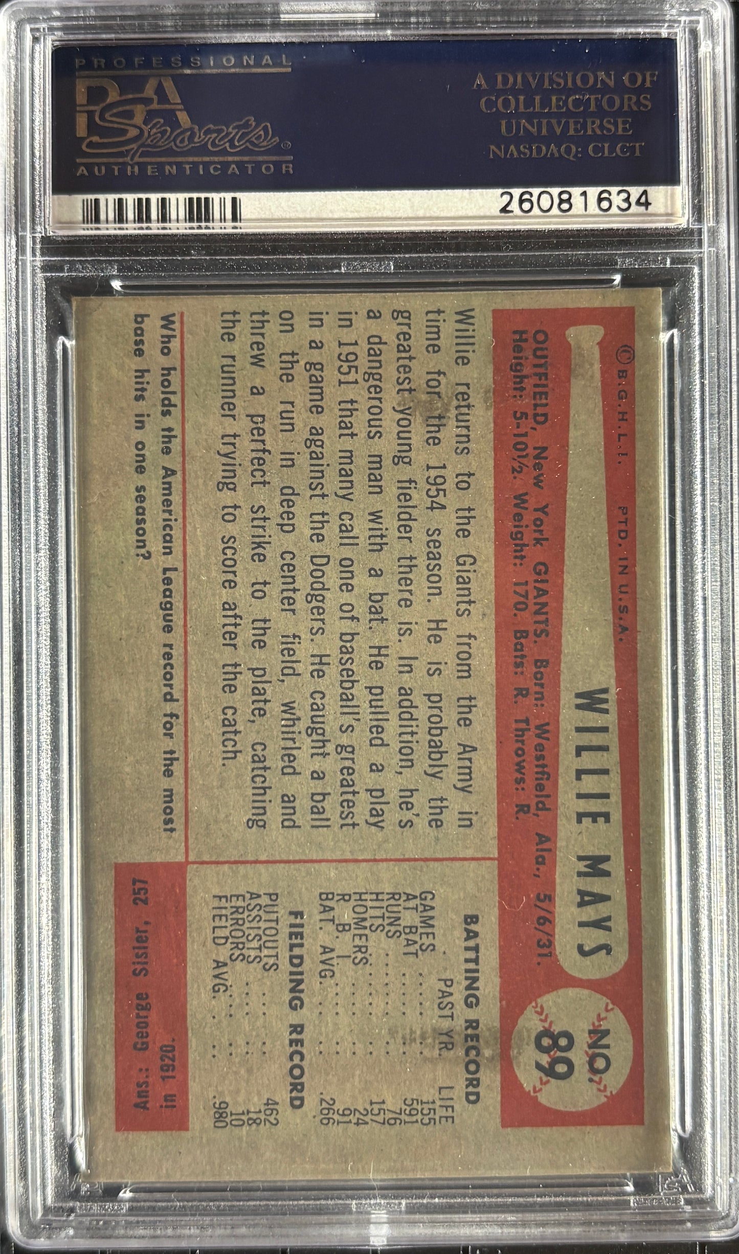 1954 Bowman #89 Willie Mays PSA 5 EX