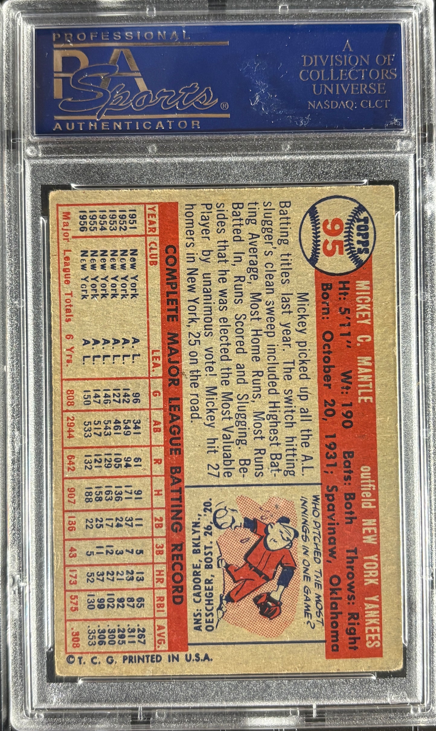 1957 Topps #95 Mickey Mantle PSA 4 VG-EX