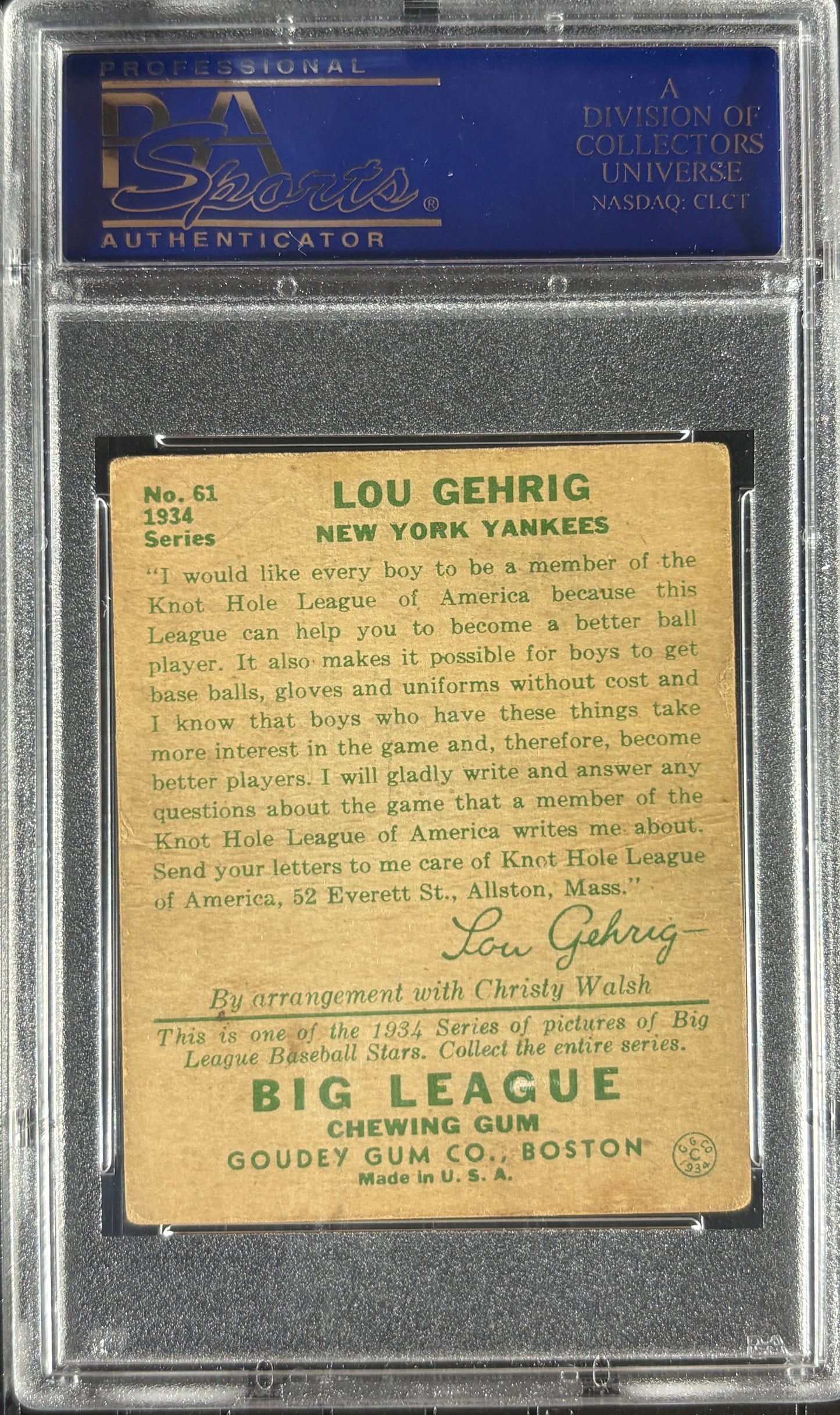 1934 Goudey #61 Lou Gehrig PSA 1