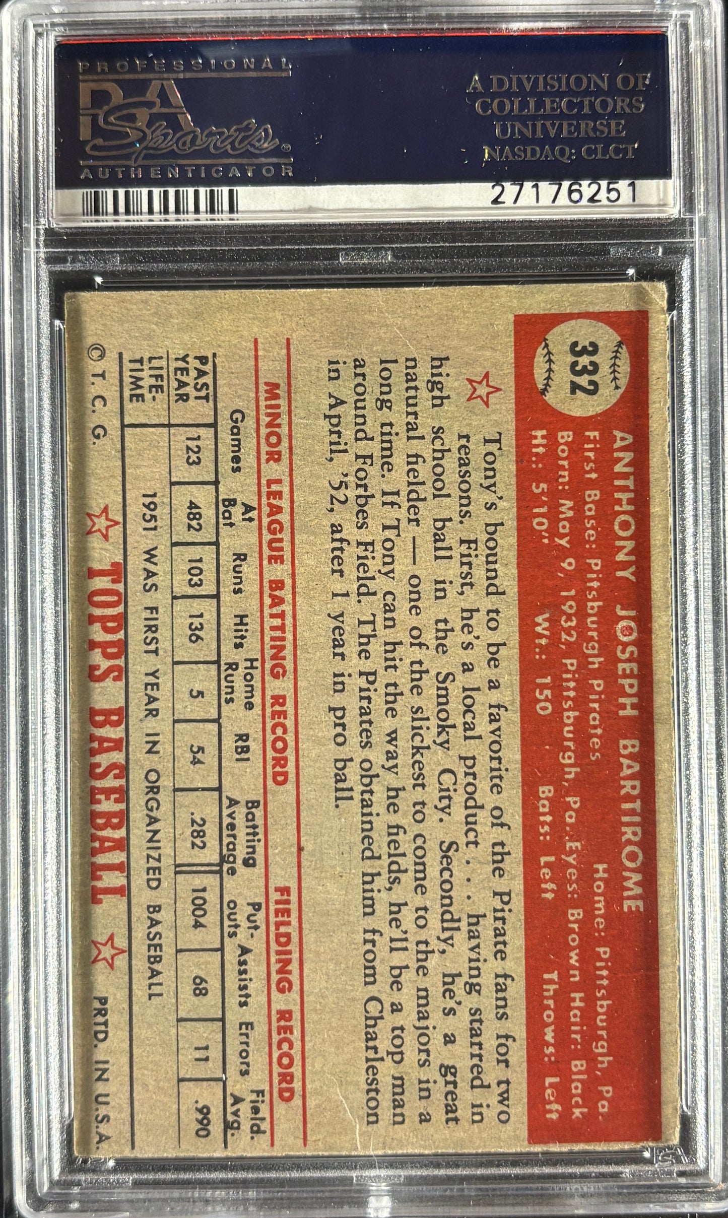 1952 Topps #332 Tony Bartirome PSA 3 VG