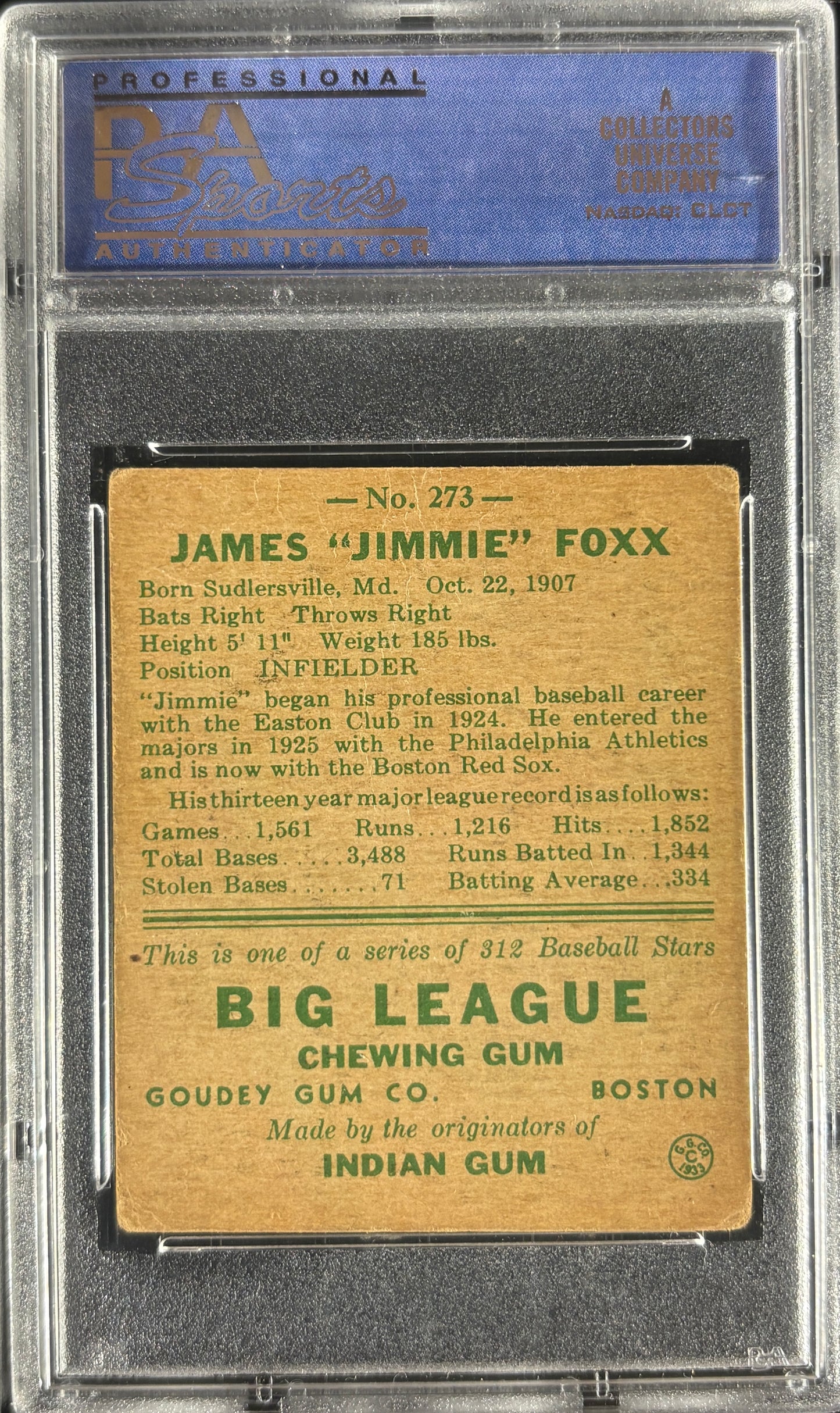 1938 Goudey #273 Jimmy Jimmie Foxx PSA 2 GD Nice Eye Appeal