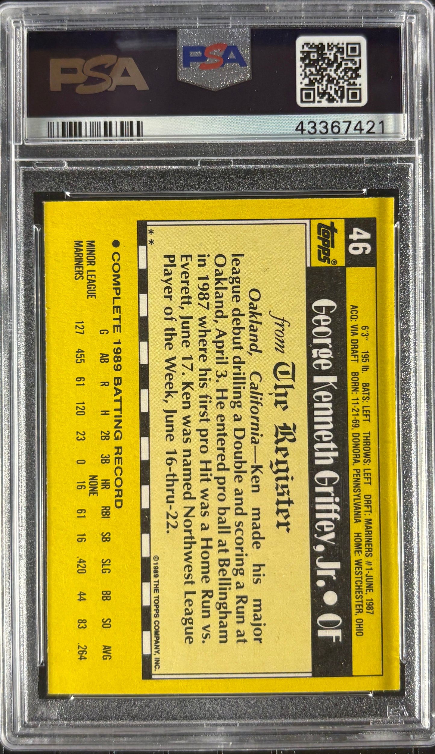 1990 Topps '89 M.L. Debut #46 Ken Griffey Jr PSA 10 GEM MINT New Label