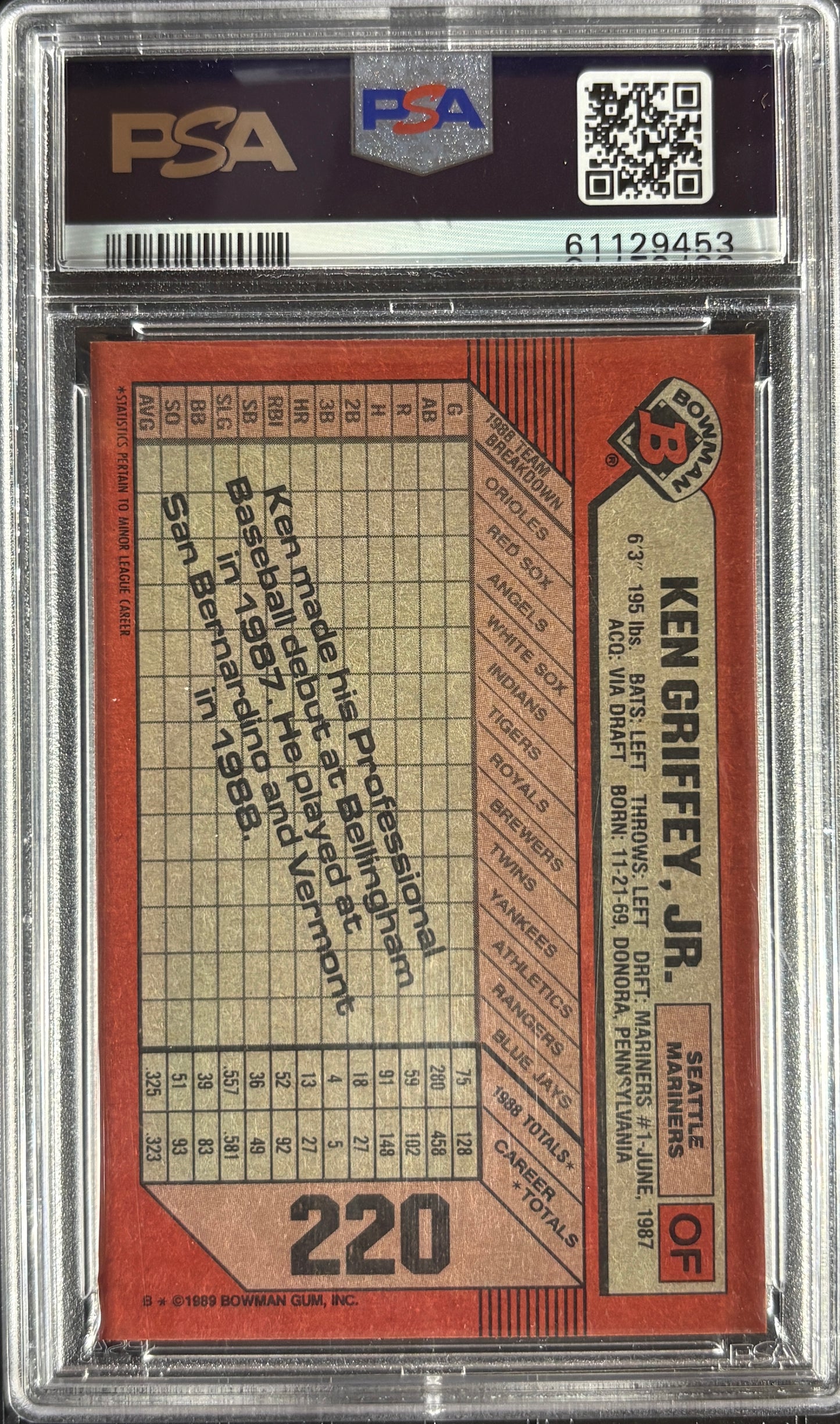 1989 Bowman #220 Ken Griffey Jr RC Rookie PSA 10 GEM MINT New Label