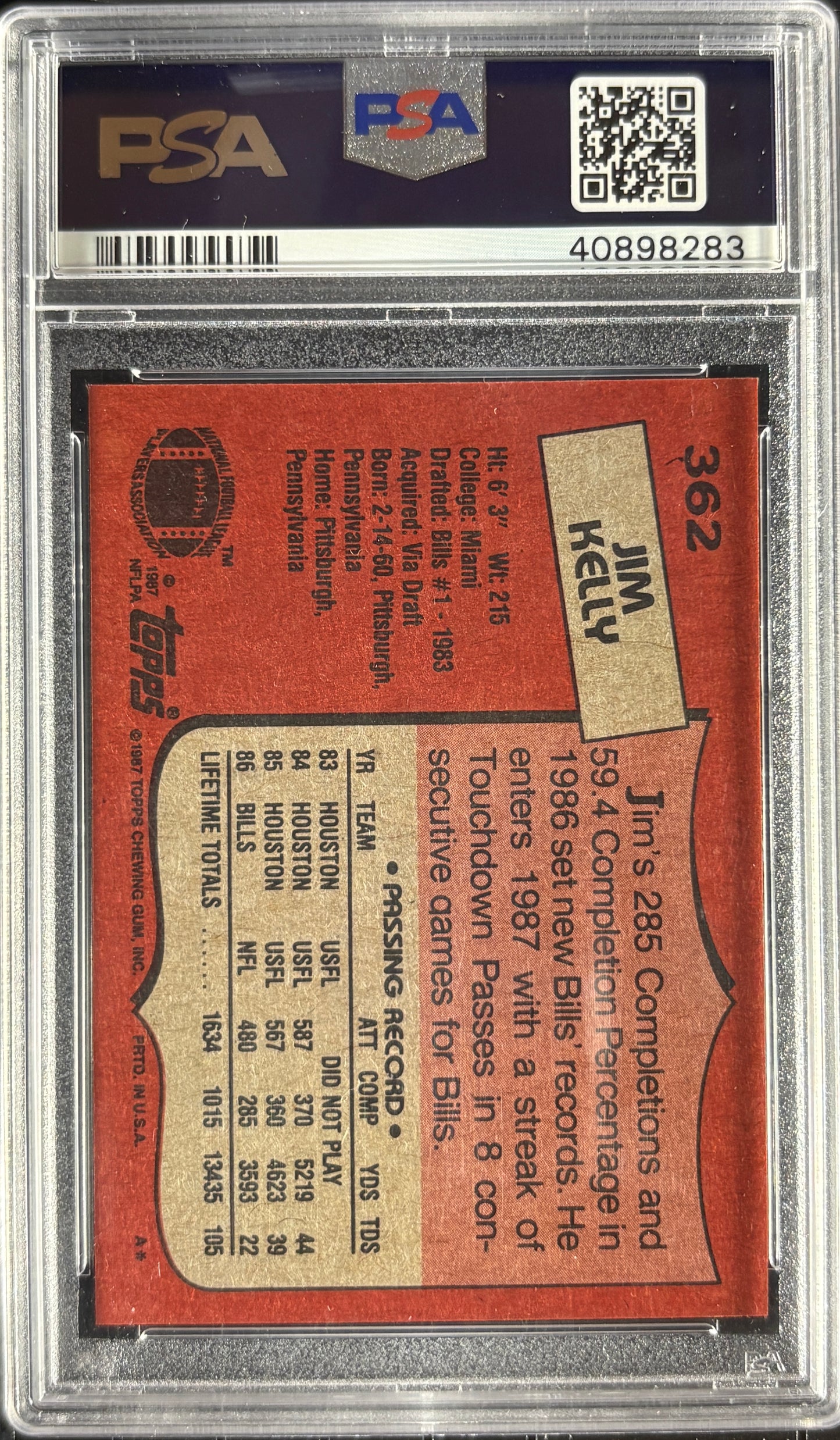 1987 Topps #362 Jim Kelly RC Rookie PSA 10 GEM MINT New Label