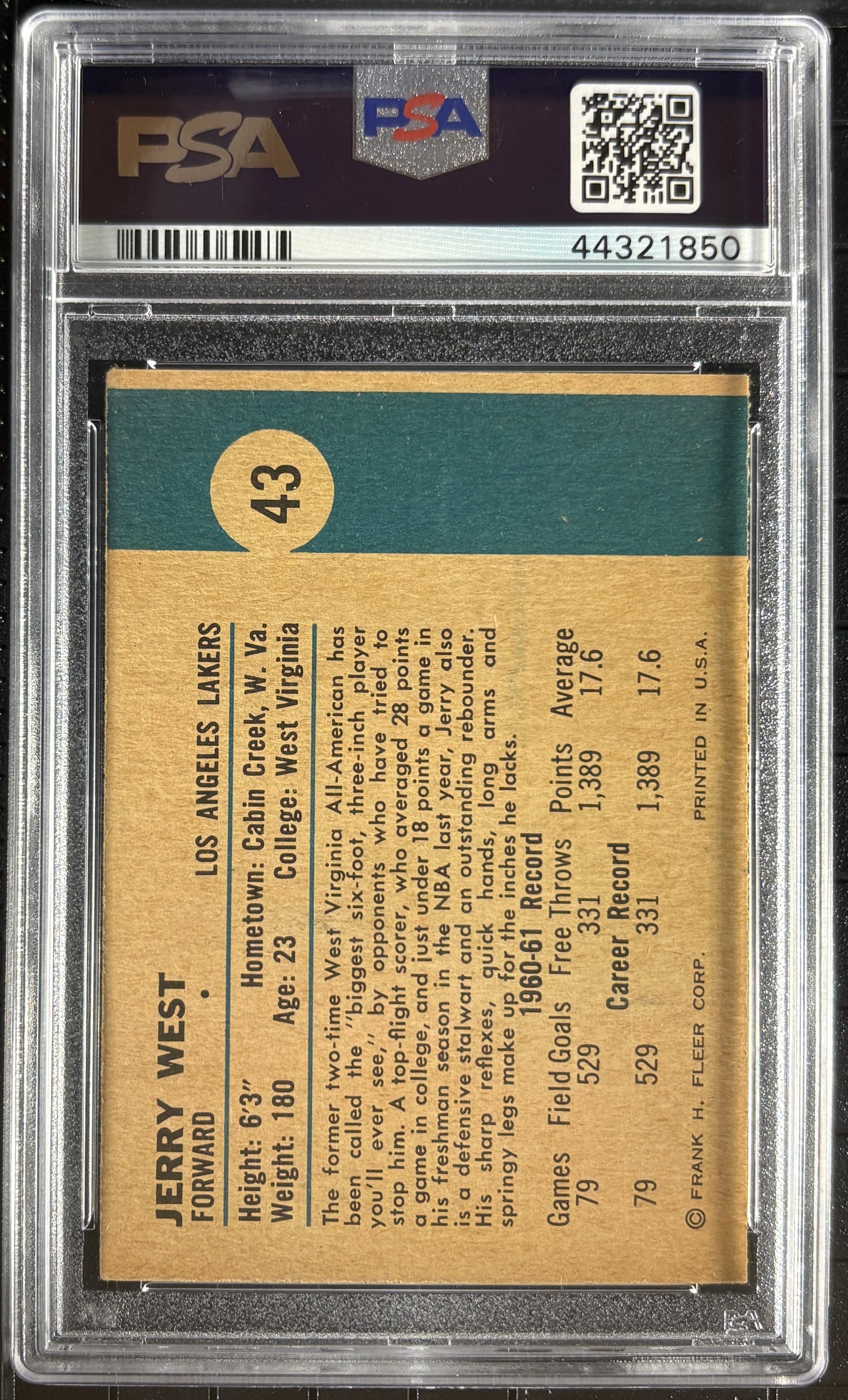 1961 Fleer #43 Jerry West RC Rookie PSA 3 VG Nice Color New Label