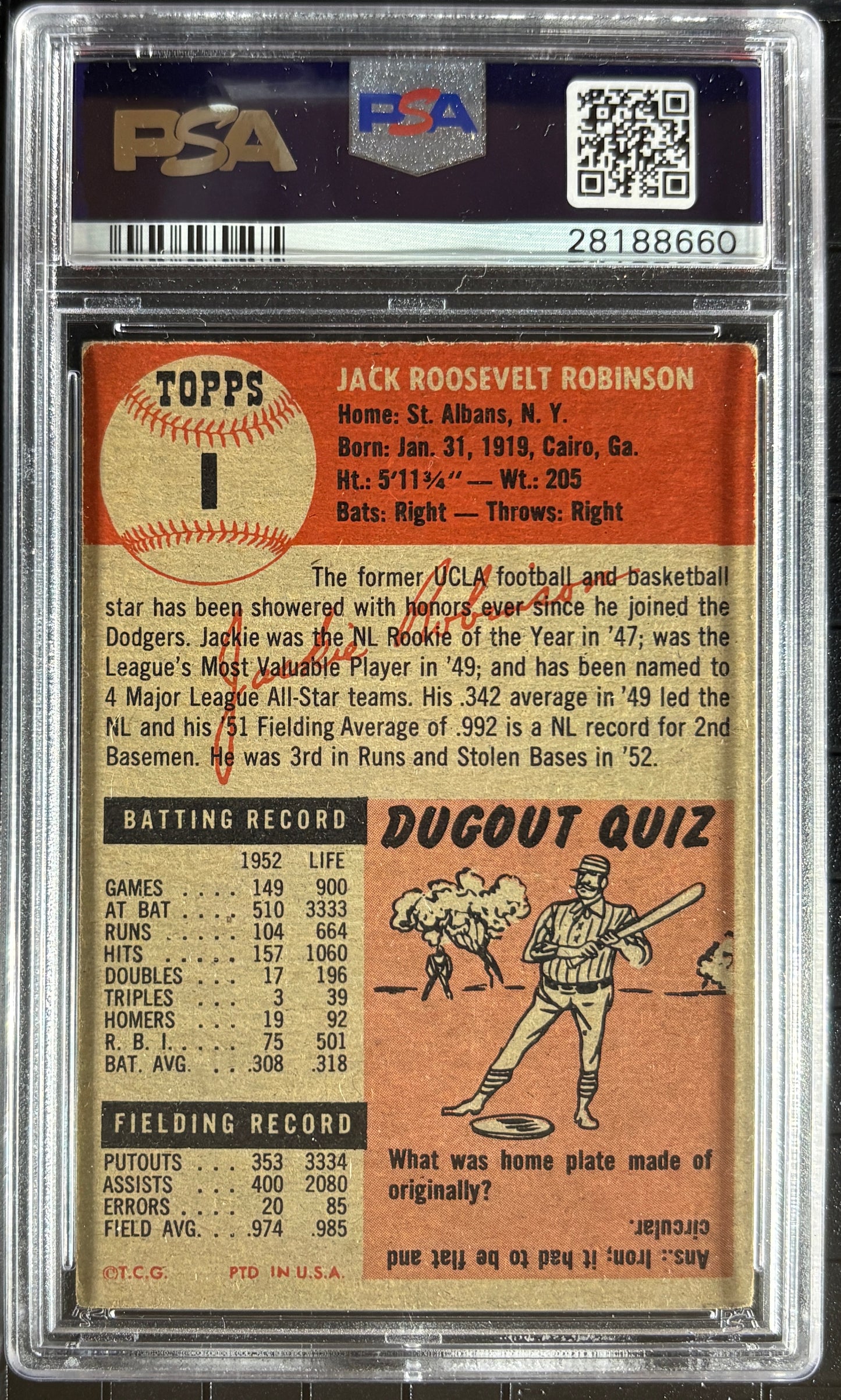 1953 Topps #1 Jackie Robinson PSA 4 VG-EX Well Centered New Label