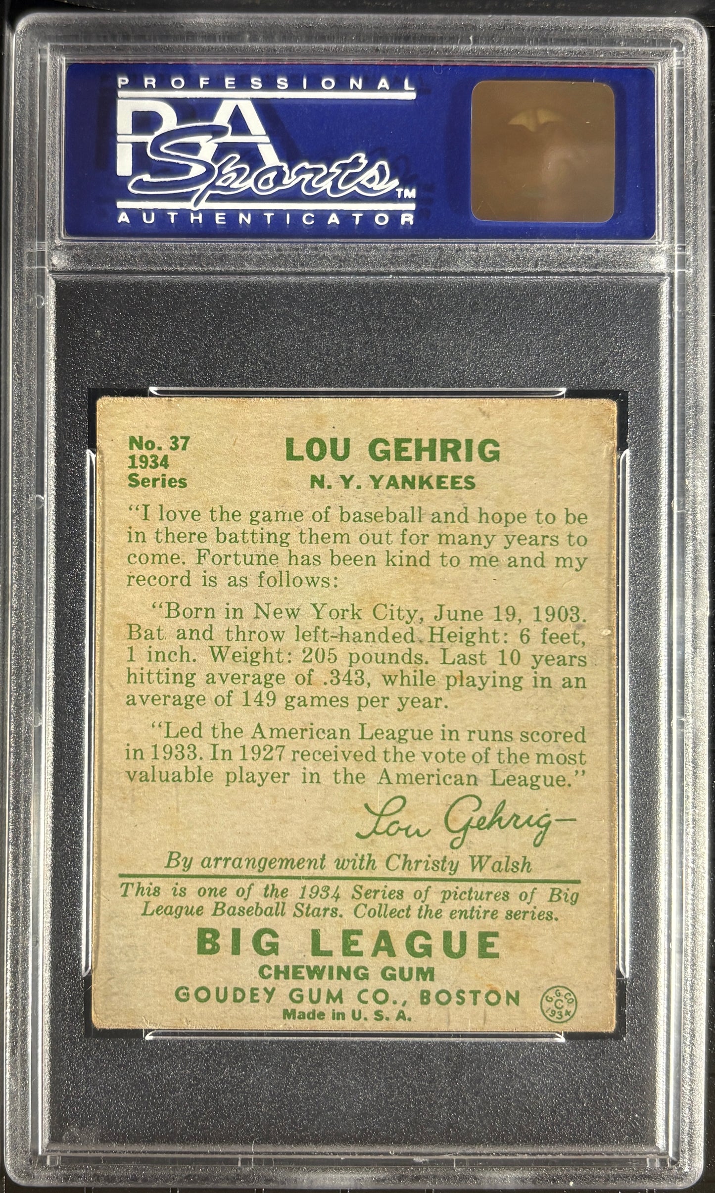1934 Goudey #37 Lou Gehrig PSA 4 VG-EX Nice Color