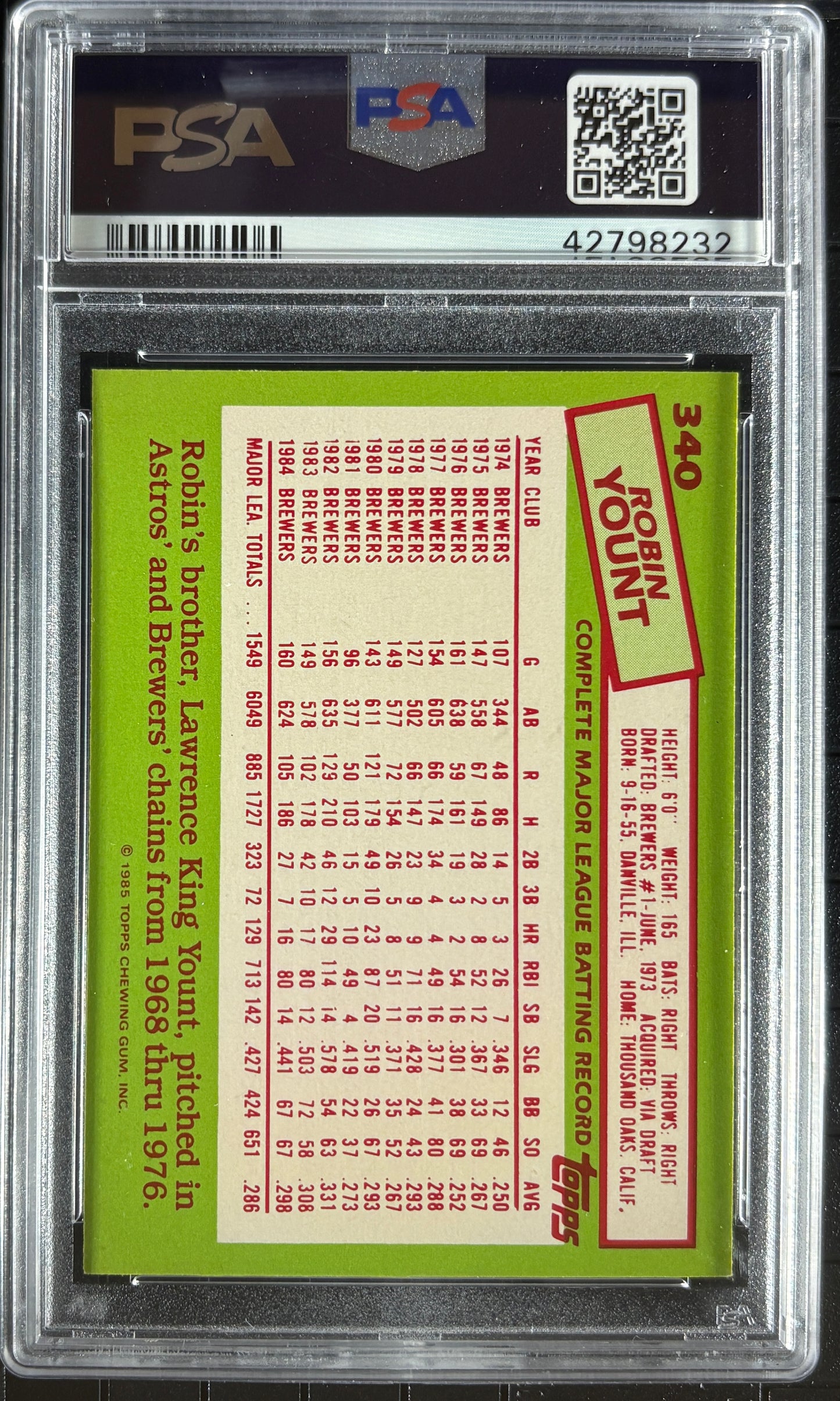 1985 Topps Tiffany #340 Robin Yount PSA 10 GEM MINT New Label