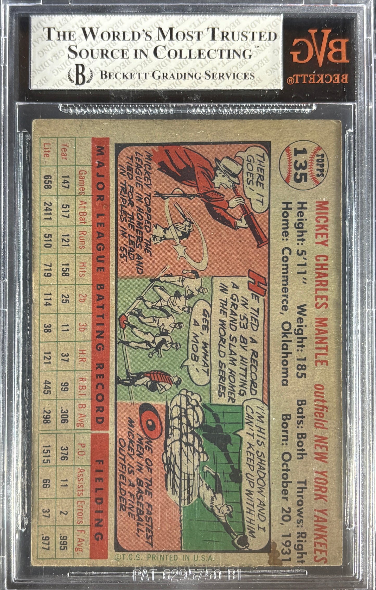 1956 Topps #135 Mickey Mantle Gray Back BVG 4 VG-EX Nice Color