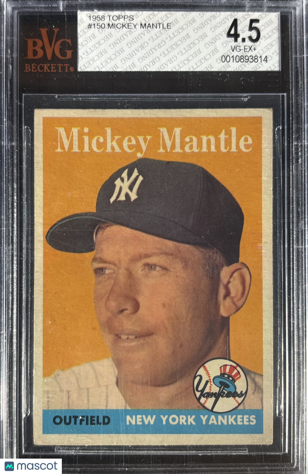 1958 Topps #150 Mickey Mantle BVG 4.5 VG-EX+ Well Centered
