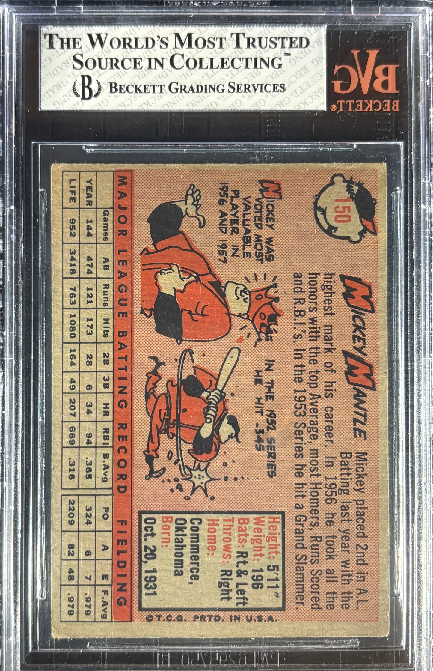 1958 Topps #150 Mickey Mantle BVG 4.5 VG-EX+ Well Centered
