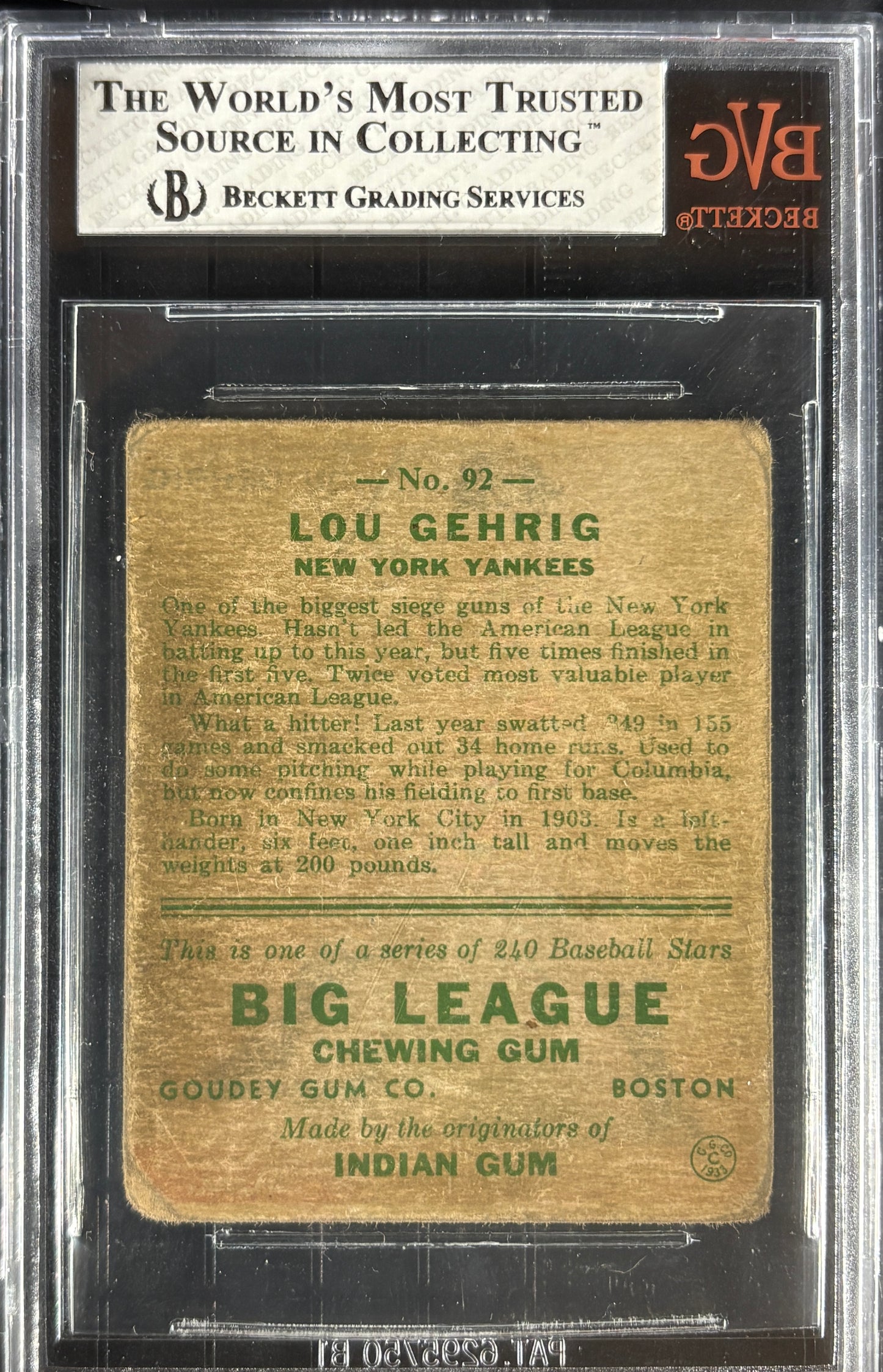 1933 Goudey #92 Lou Gehrig BVG 2.5 GD+