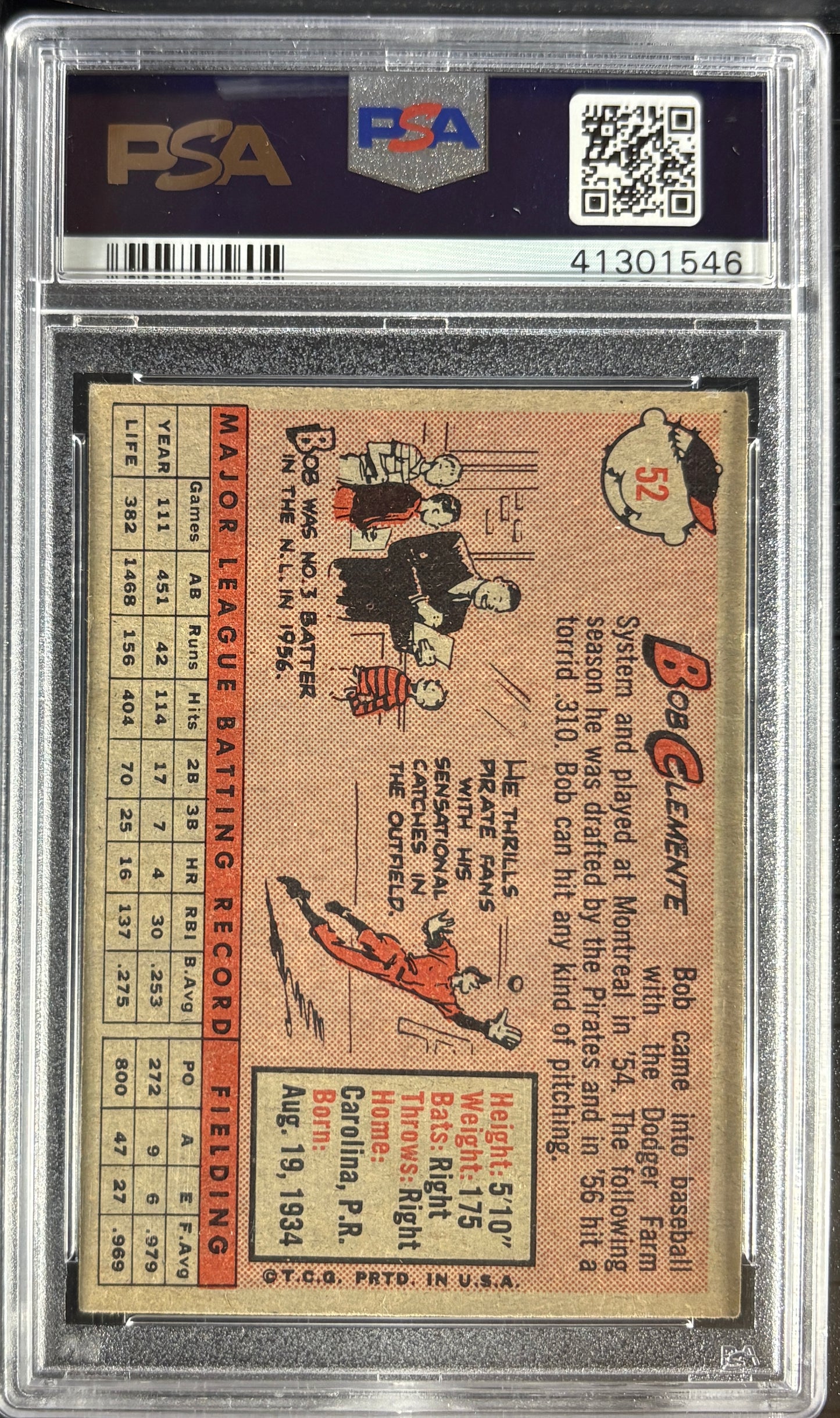 1958 Topps #52 Bob Roberto Clemente PSA 4 VG-EX New Label