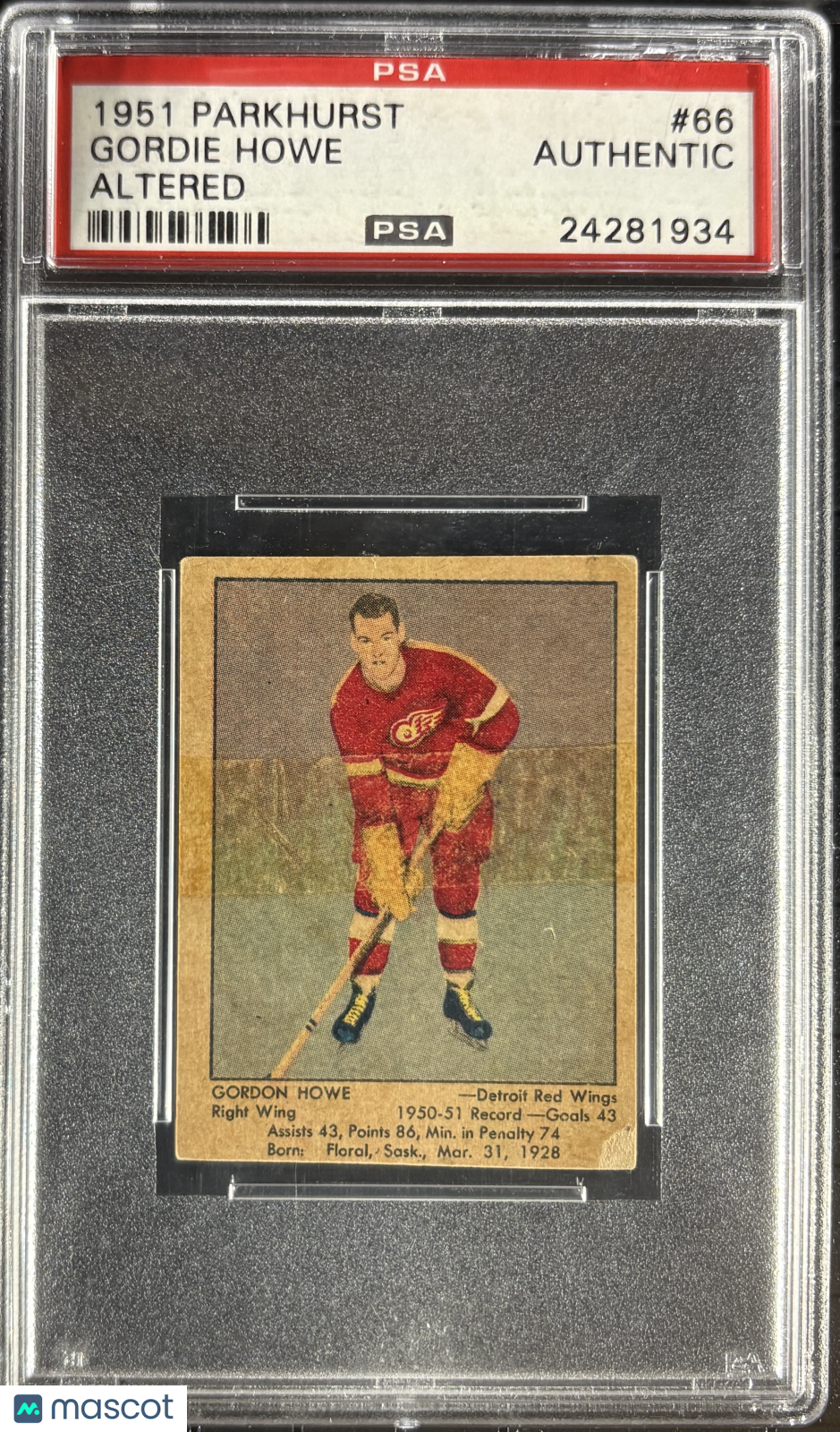 1951 Parkhurst #66 Gordie Howe RC Rookie PSA Authentic