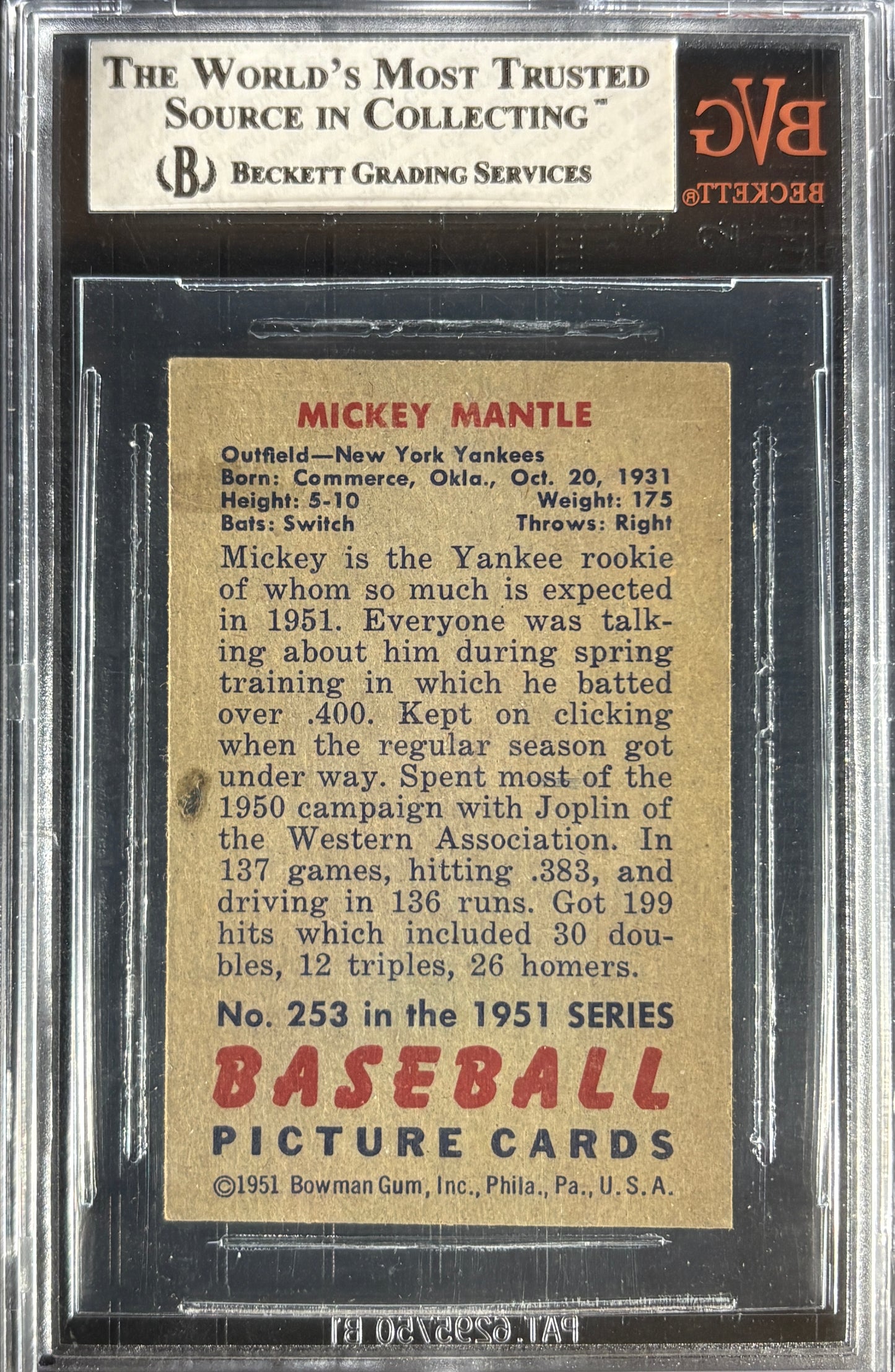 1951 Bowman #253 Mickey Mantle RC Rookie BVG 4.5 VG-EX Well Centered