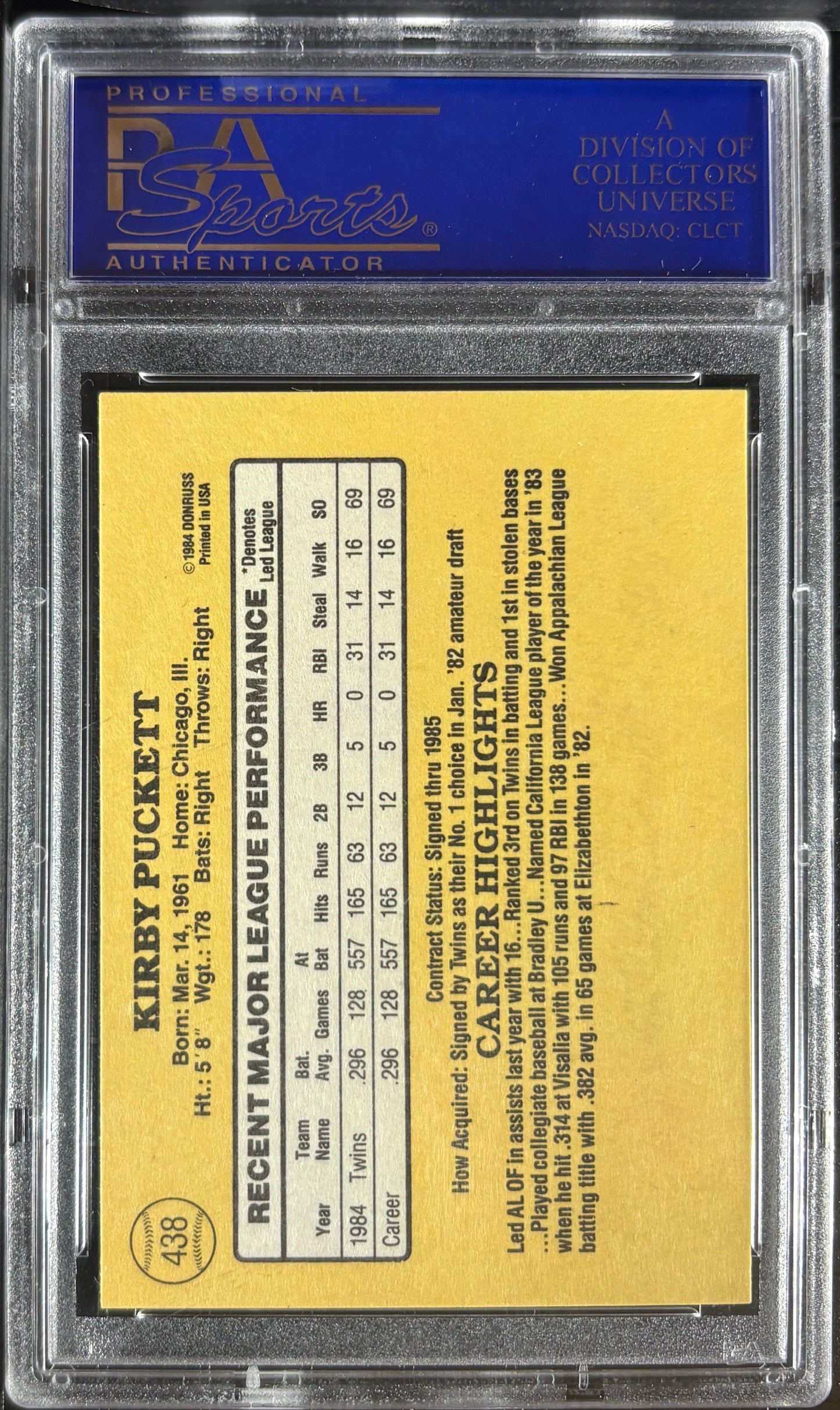 1985 Donruss #438 Kirby Puckett RC Rookie PSA 10 GEM MINT