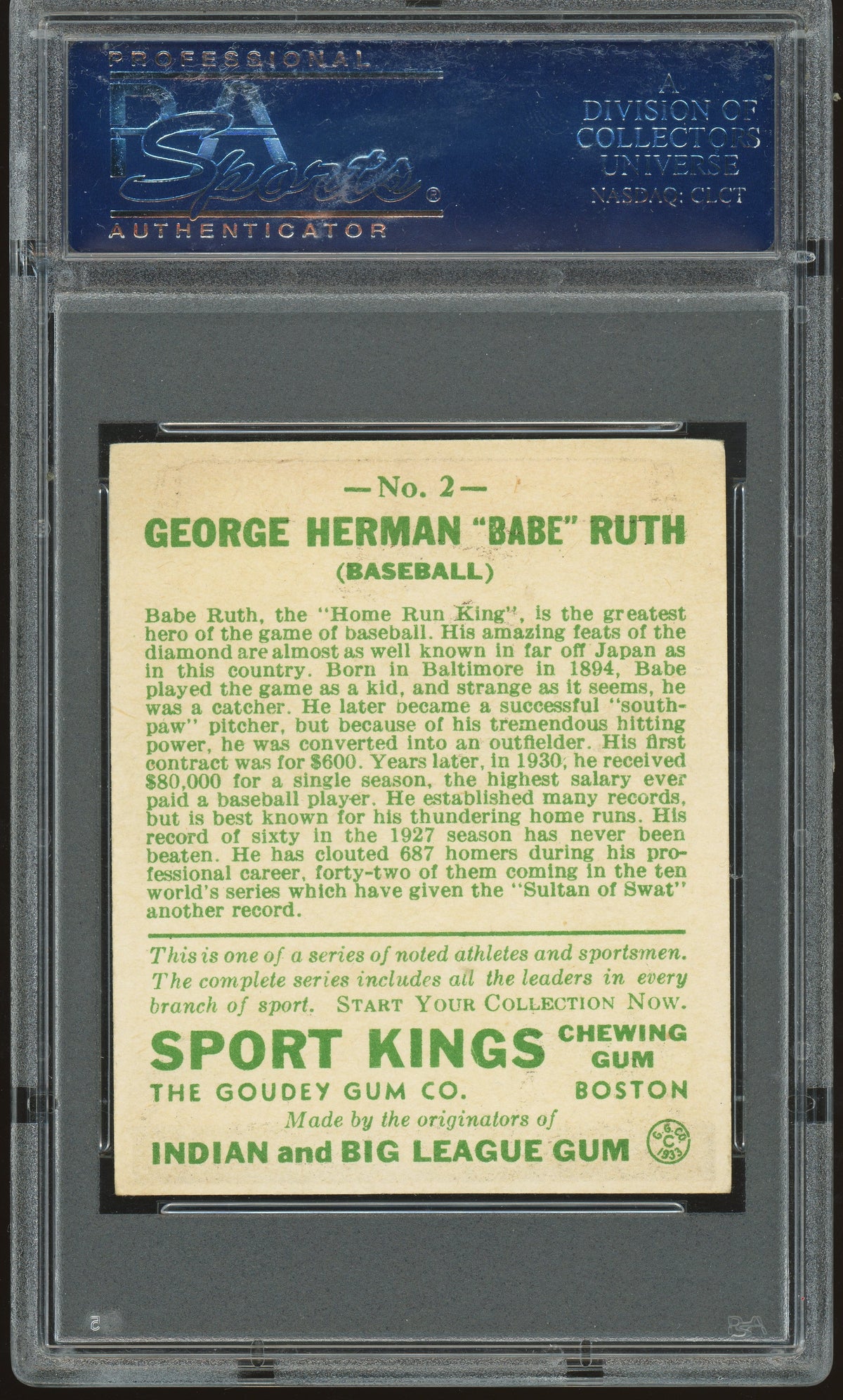 1933 Sport Kings #2 Babe Ruth PSA Authentic CREASE FREE + Sharp