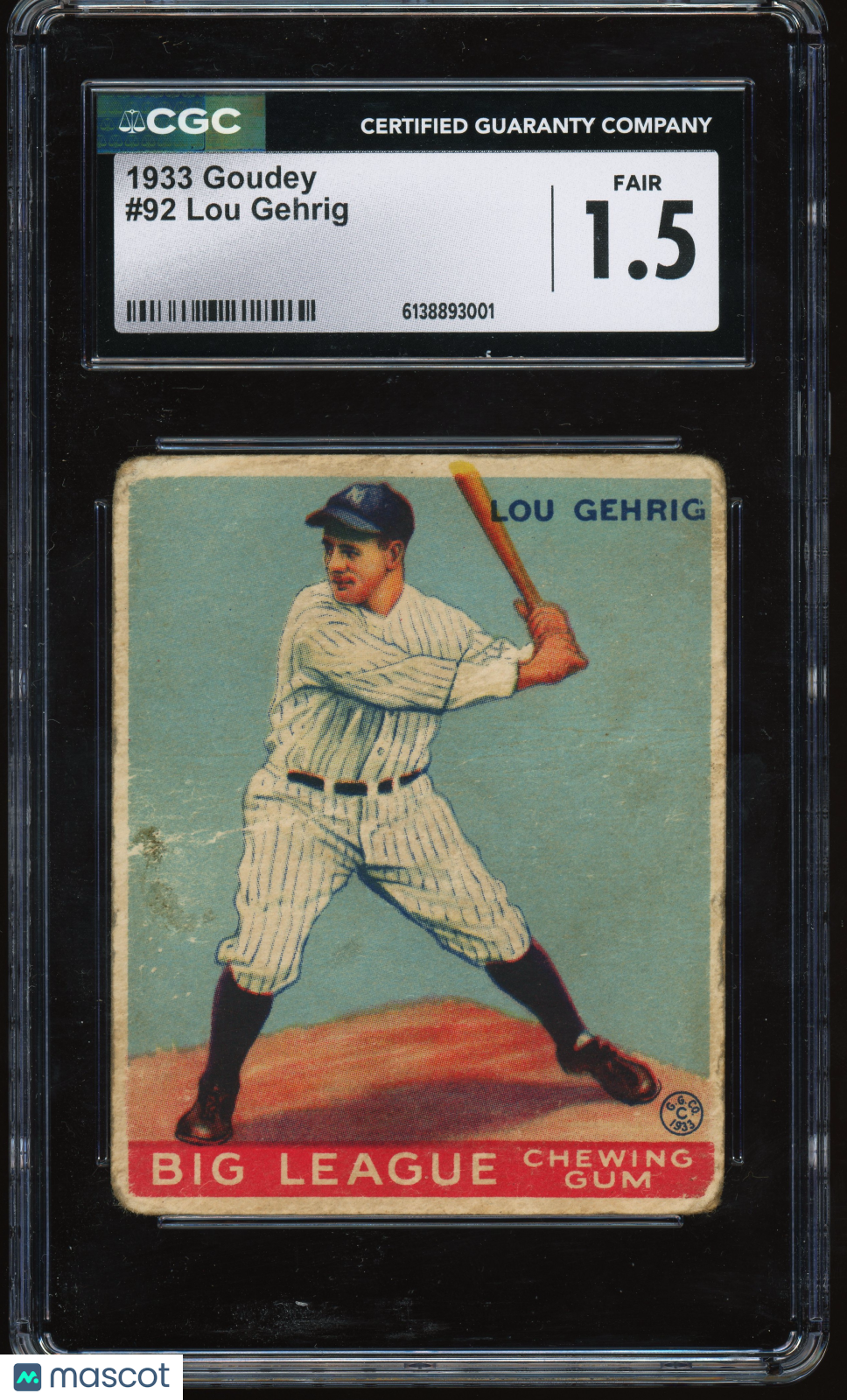 1933 Goudey #92 Lou Gehrig CGC 1.5 Well Centered Nice Eye Appeal