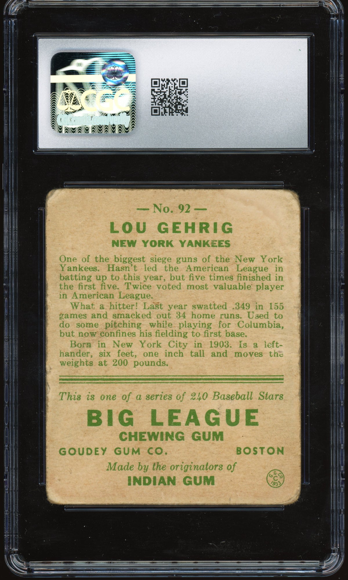 1933 Goudey #92 Lou Gehrig CGC 1.5 Well Centered Nice Eye Appeal
