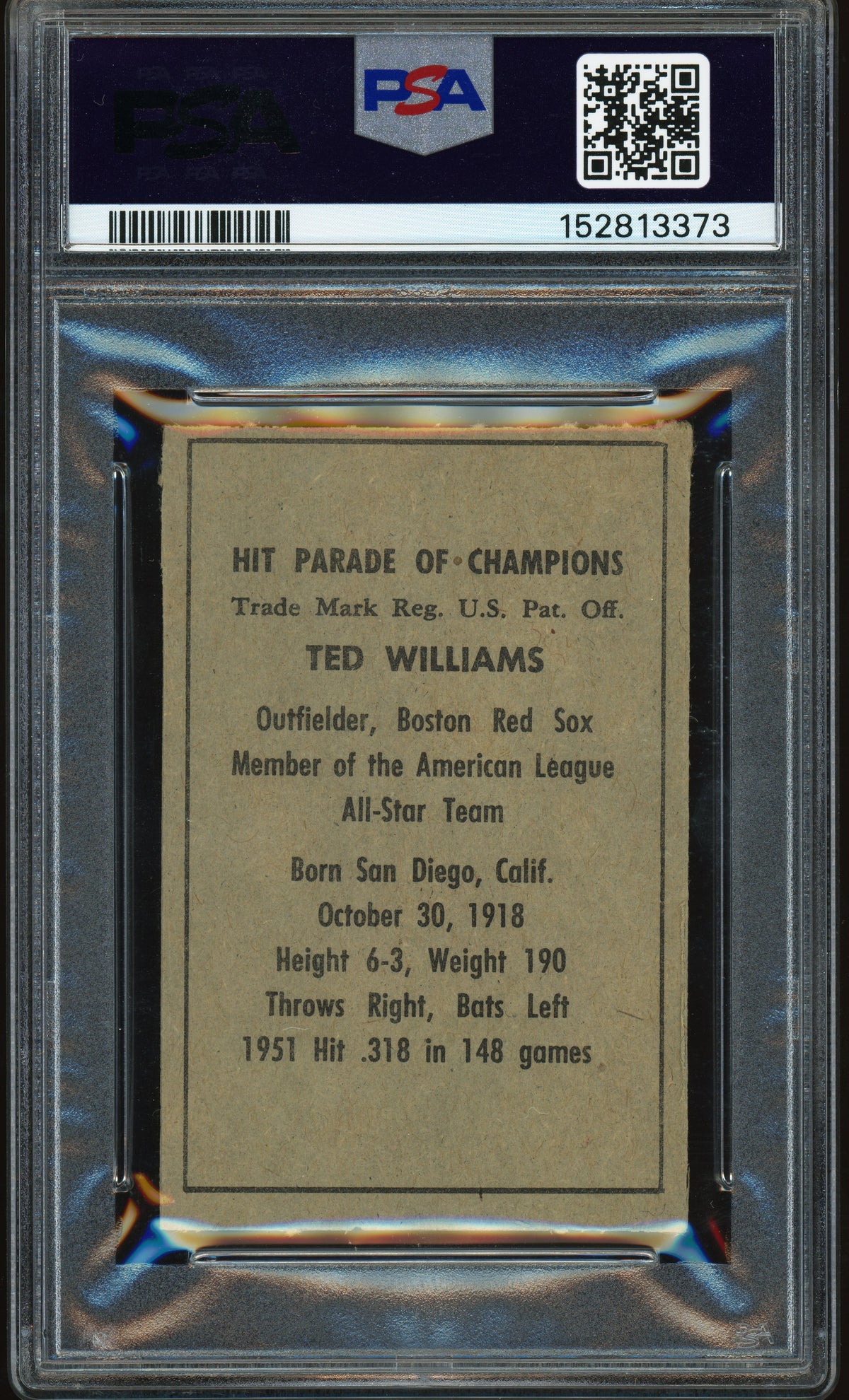 1952 Berk Ross Ted Williams PSA 6 EX-MT Nice Color New Label