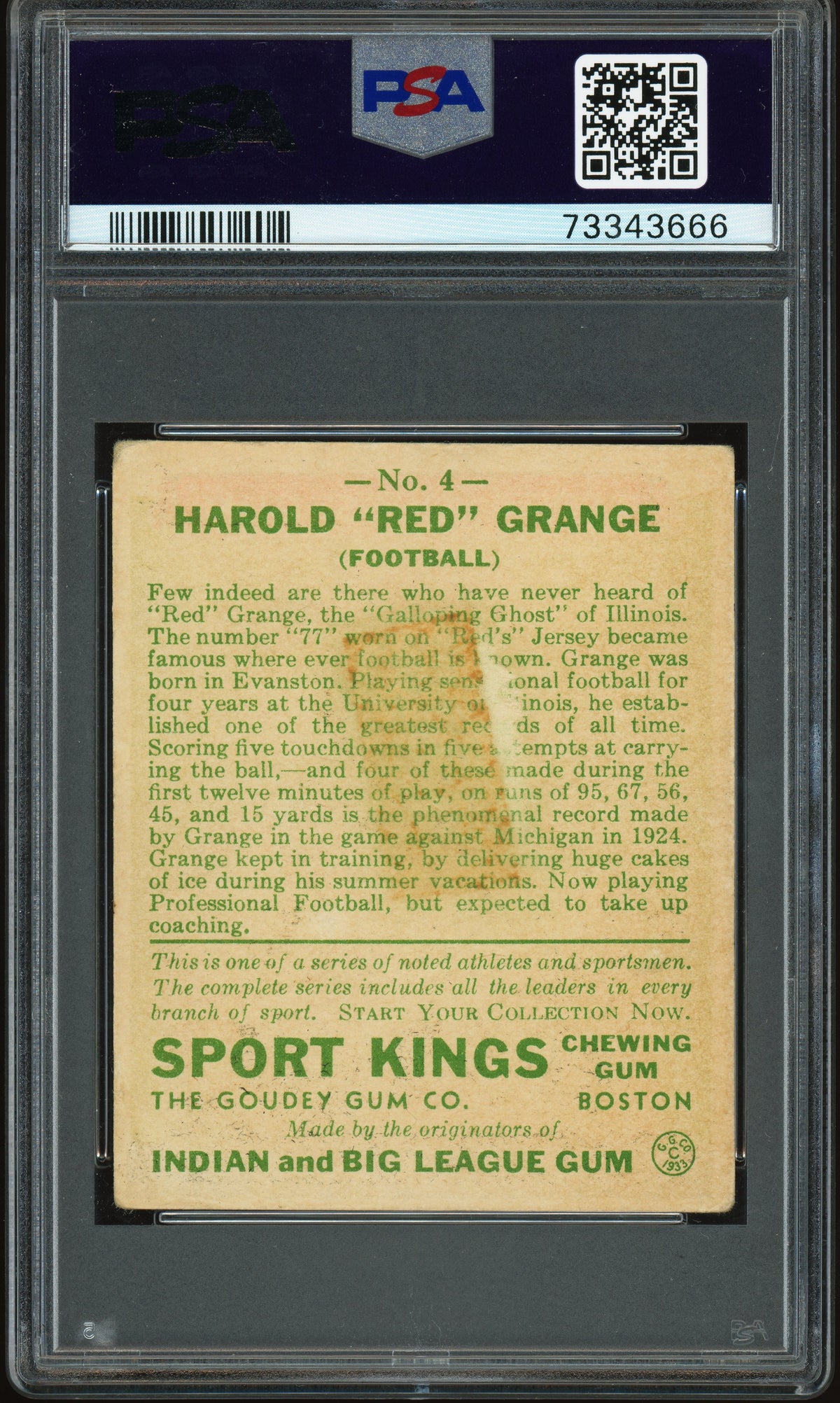 1933 Sport Kings #4 Red Grange Football PSA 2 GD+ New Label