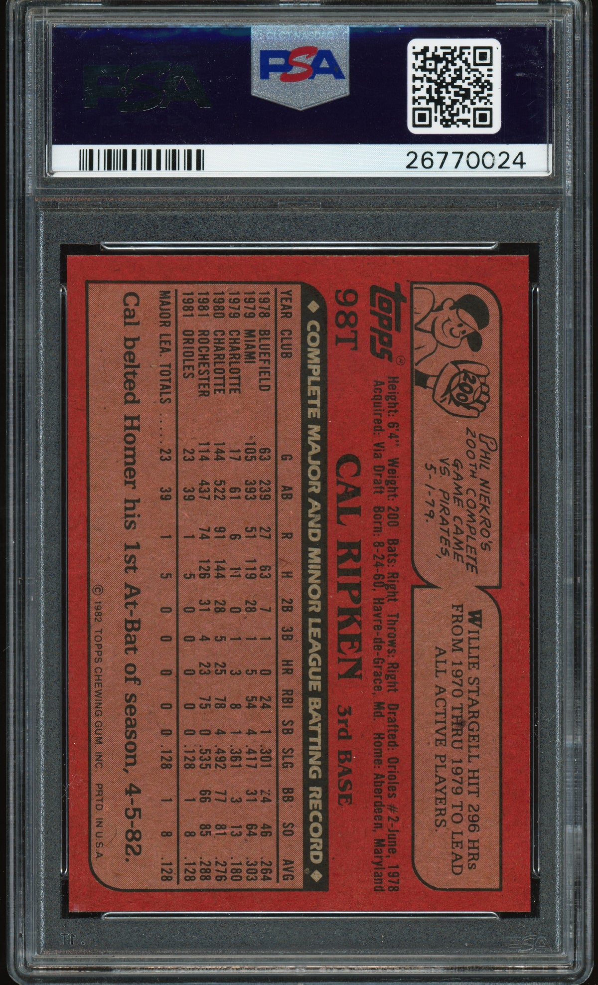 1982 Topps Traded #98T Cal Ripken Jr RC Rookie PSA 10 GEM MINT New Label