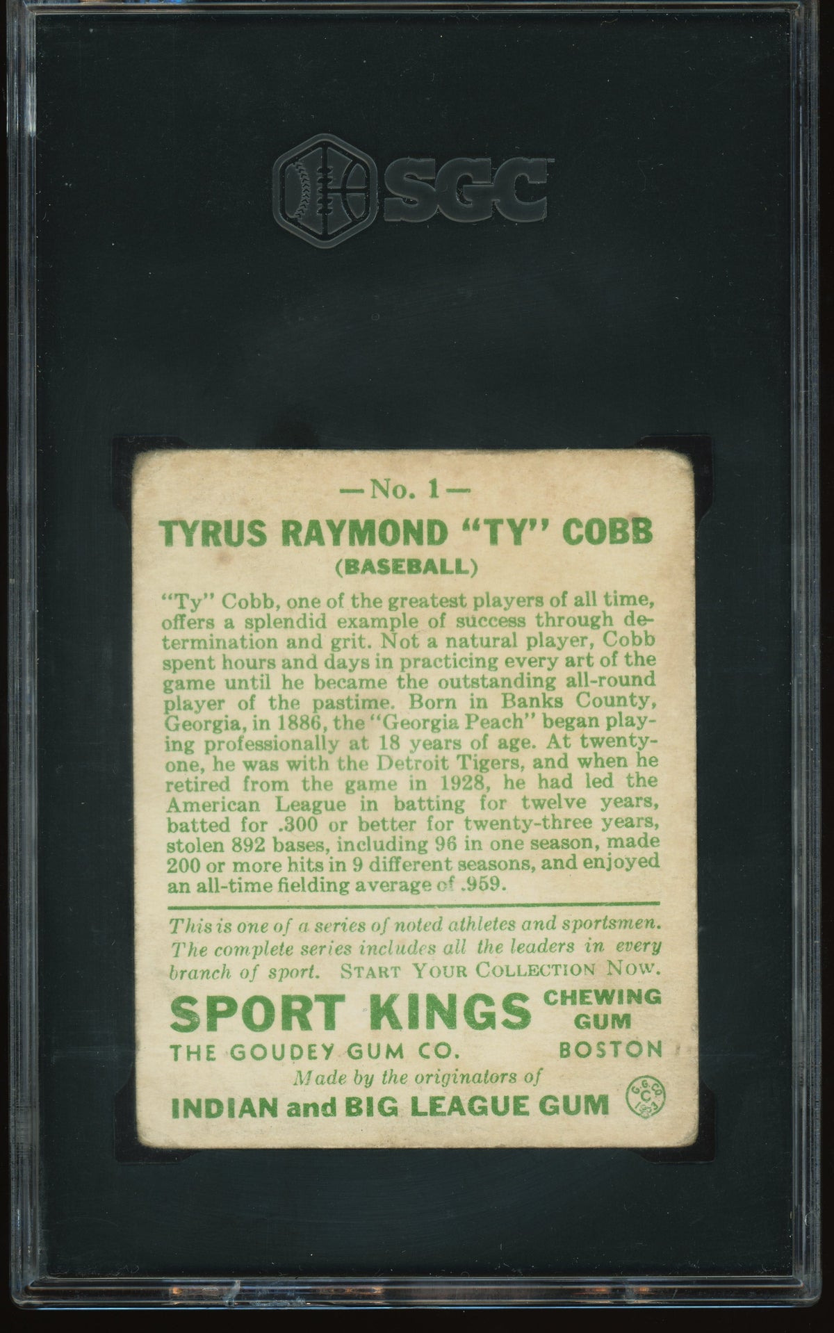 1933 Sport Kings Gum #1 Ty Cobb SGC 2 GD Well Centered (read description)