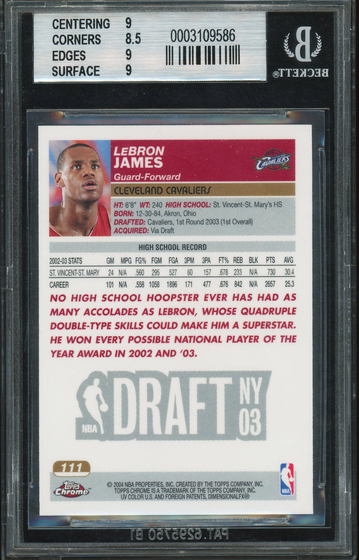 2004 Topps Chrome #111 LeBron James RC Rookie BGS 9 MINT