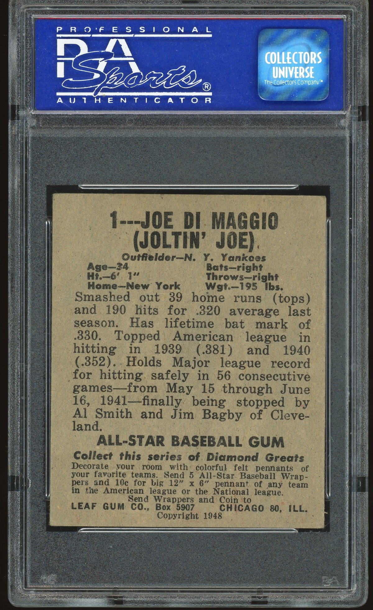 1948 Leaf #1 Joe DiMaggio PSA 4 oc