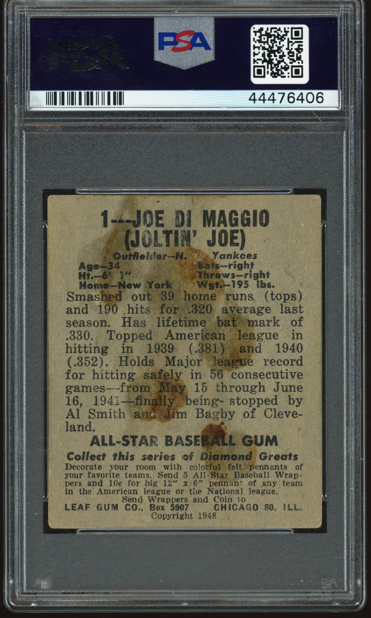 1948 Leaf #1 Joe DiMaggio PSA 2 GD STUNNING EYE APPEAL