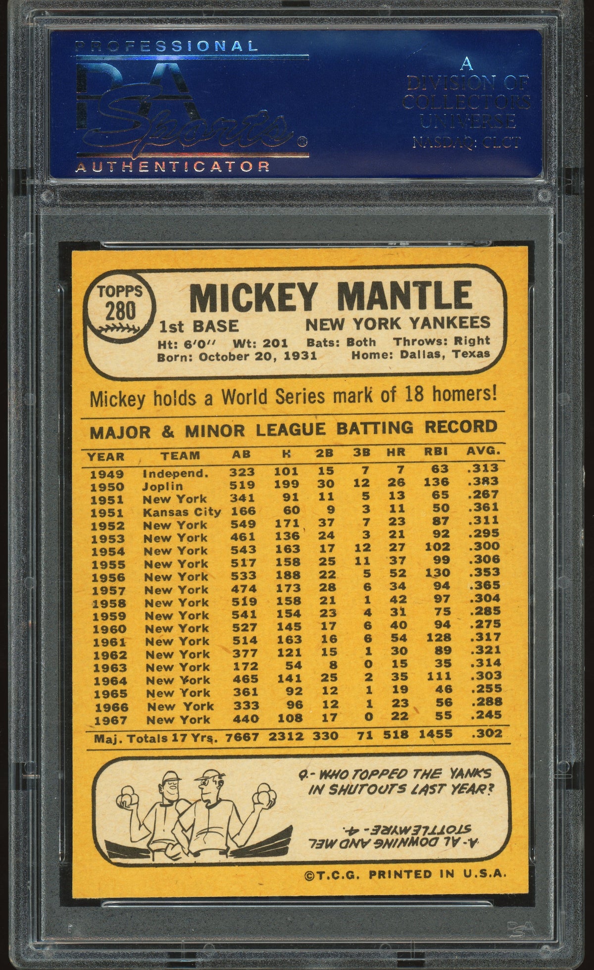 1968 Topps #280 Mickey Mantle PSA 8 NM-MT High Grade