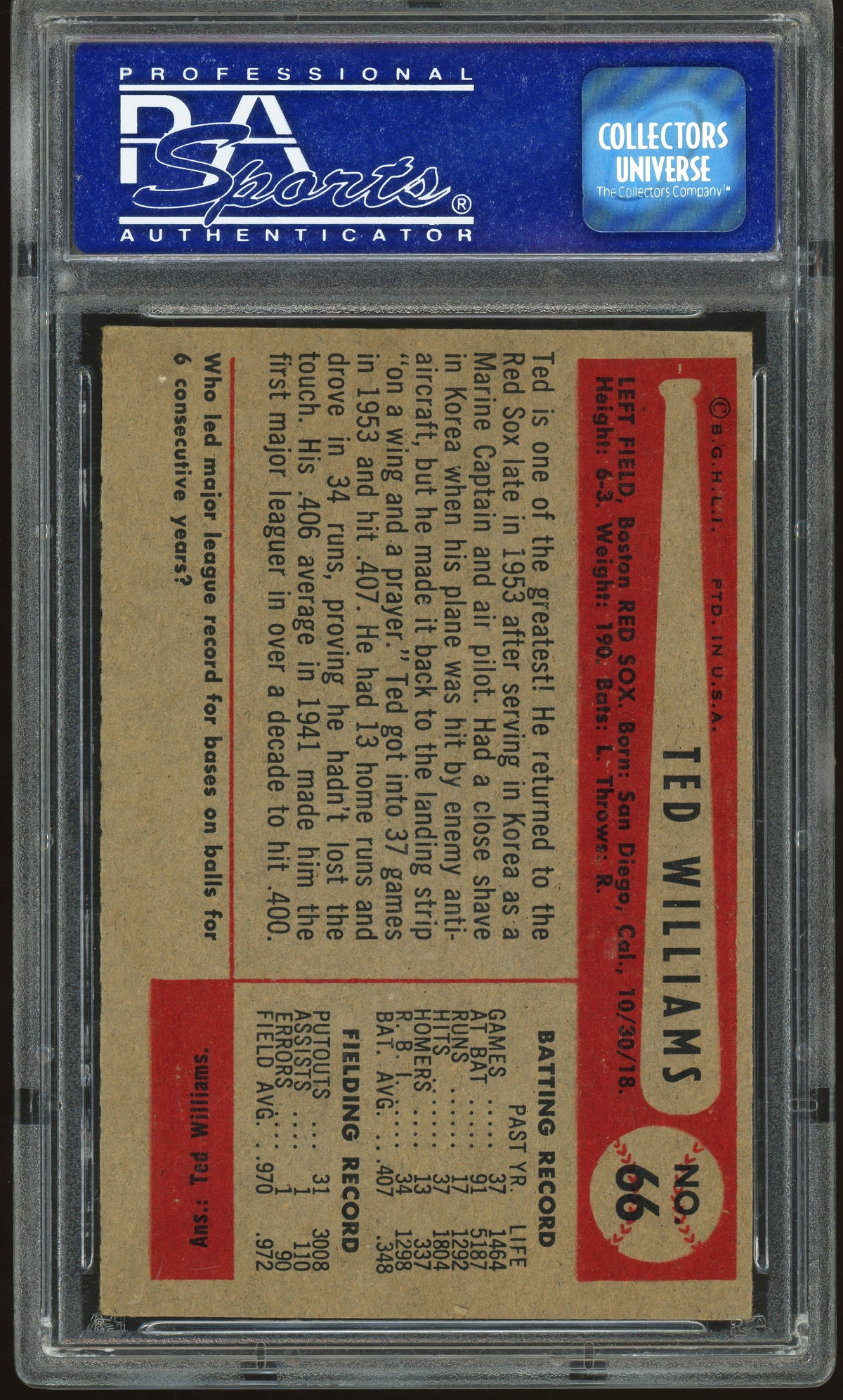 1954 Bowman #66 Ted Williams PSA 6 EX-MT