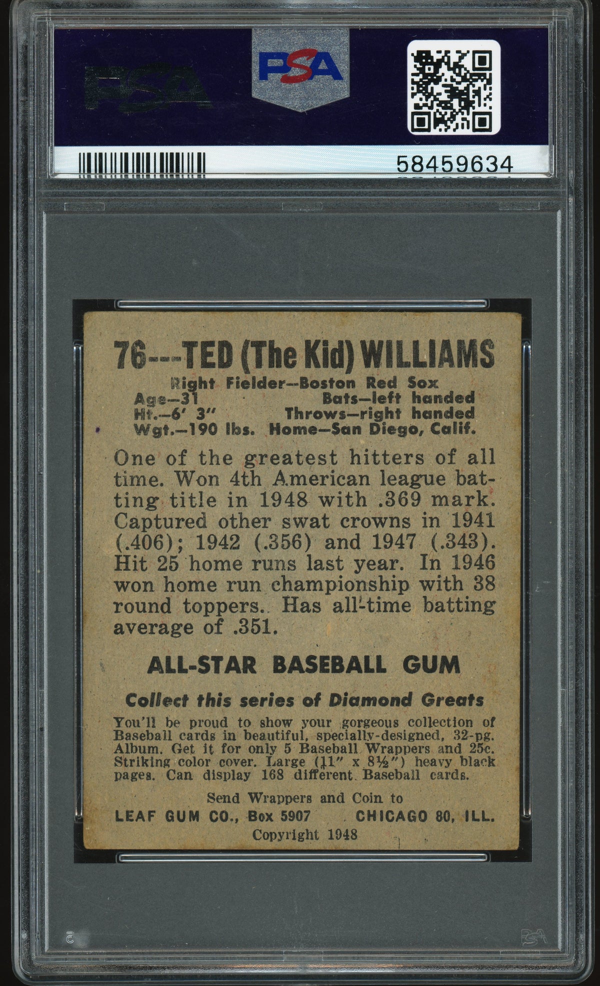 1948 Leaf #76 Ted Williams PSA 3 VG Nice Color New Label