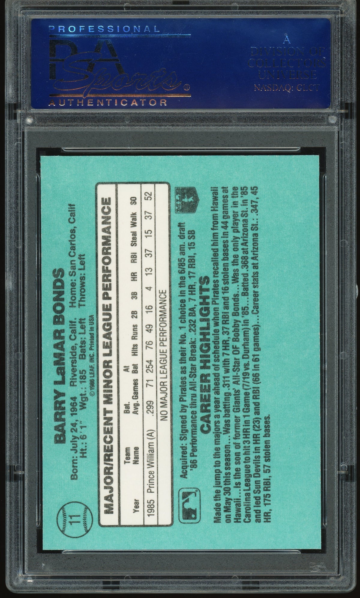 1986 Donruss Rookies #11 Barry Bonds RC Rookie PSA 10 GEM MINT