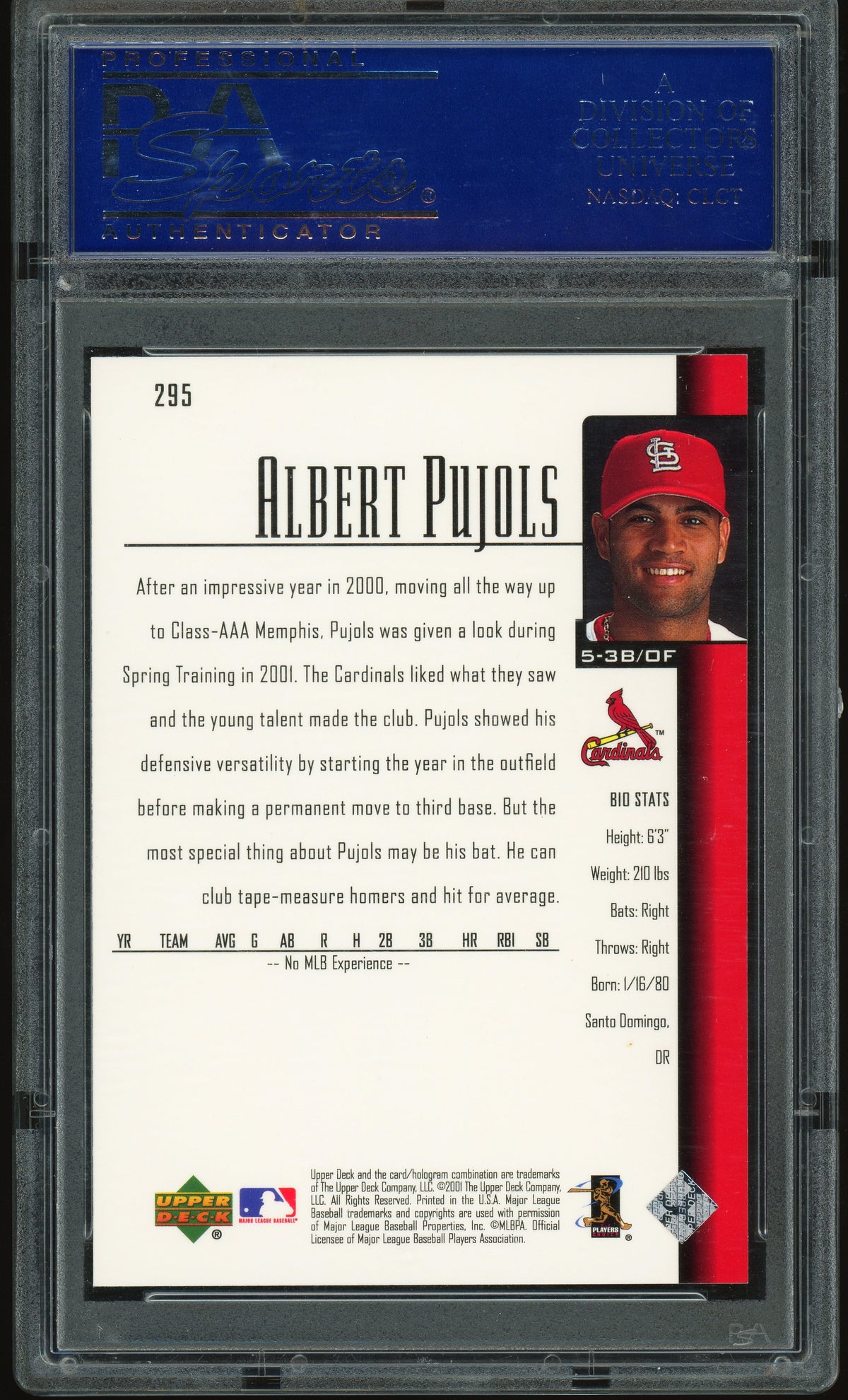 2001 Upper Deck #295 Albert Pujols RC Rookie PSA 10 GEM MINT