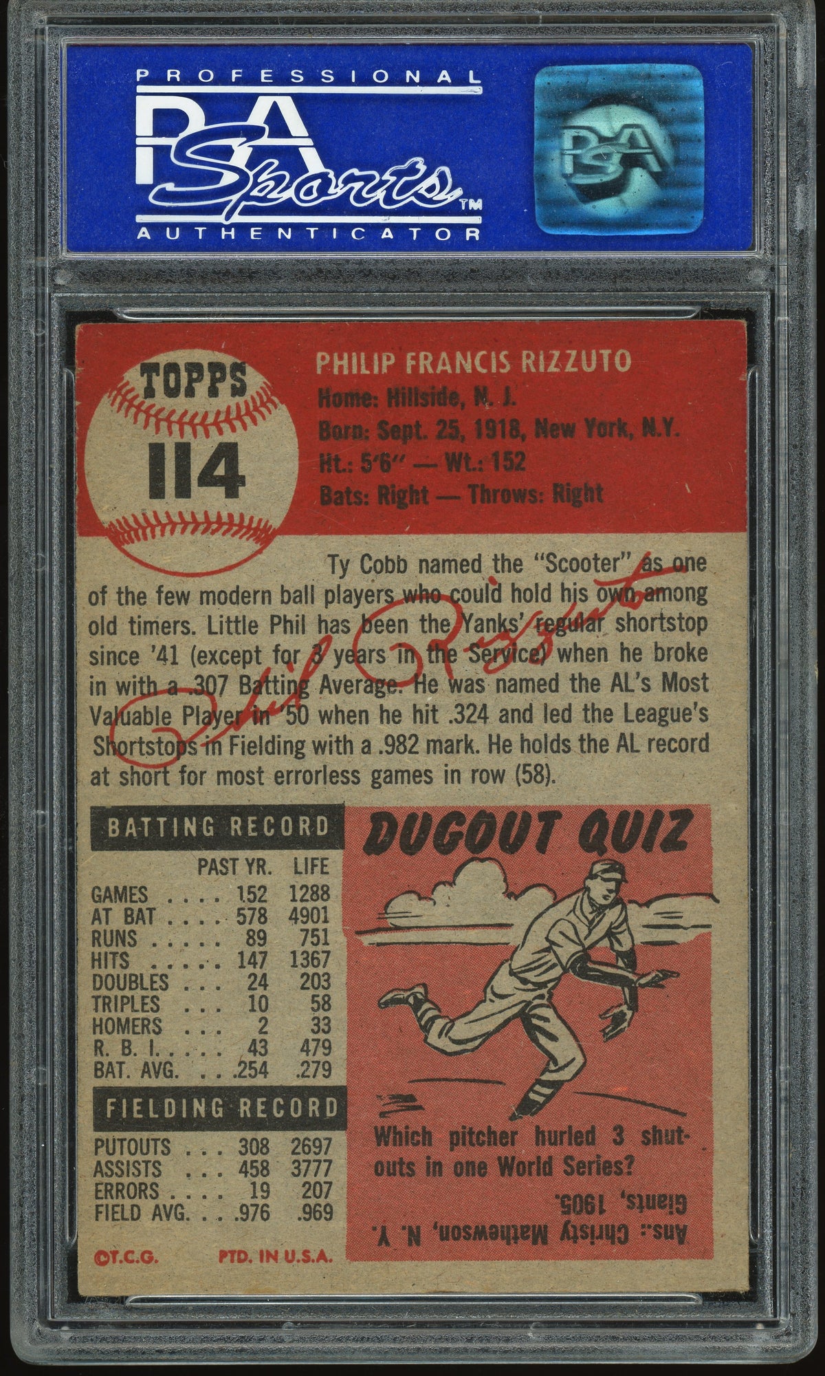 1953 Topps #114 Phil Rizzuto PSA 6 EX-MT Sharp + Nice Color