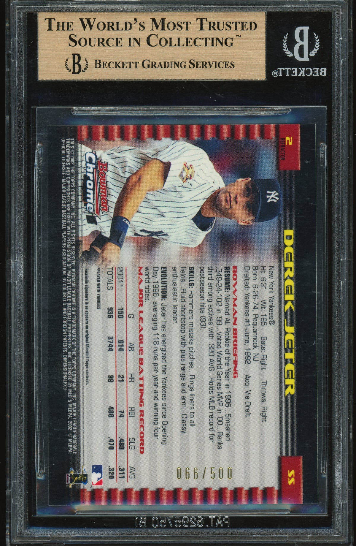 2002 Bowman Chrome #2 Derek Jeter REFRACTOR /500 BGS 9.5 GEM MINT