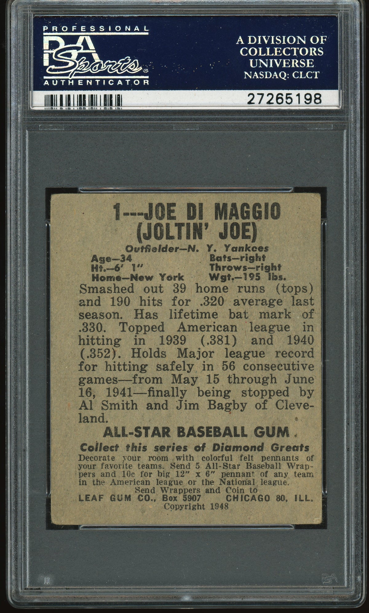 1948 Leaf #1 Joe DiMaggio PSA 3 VG